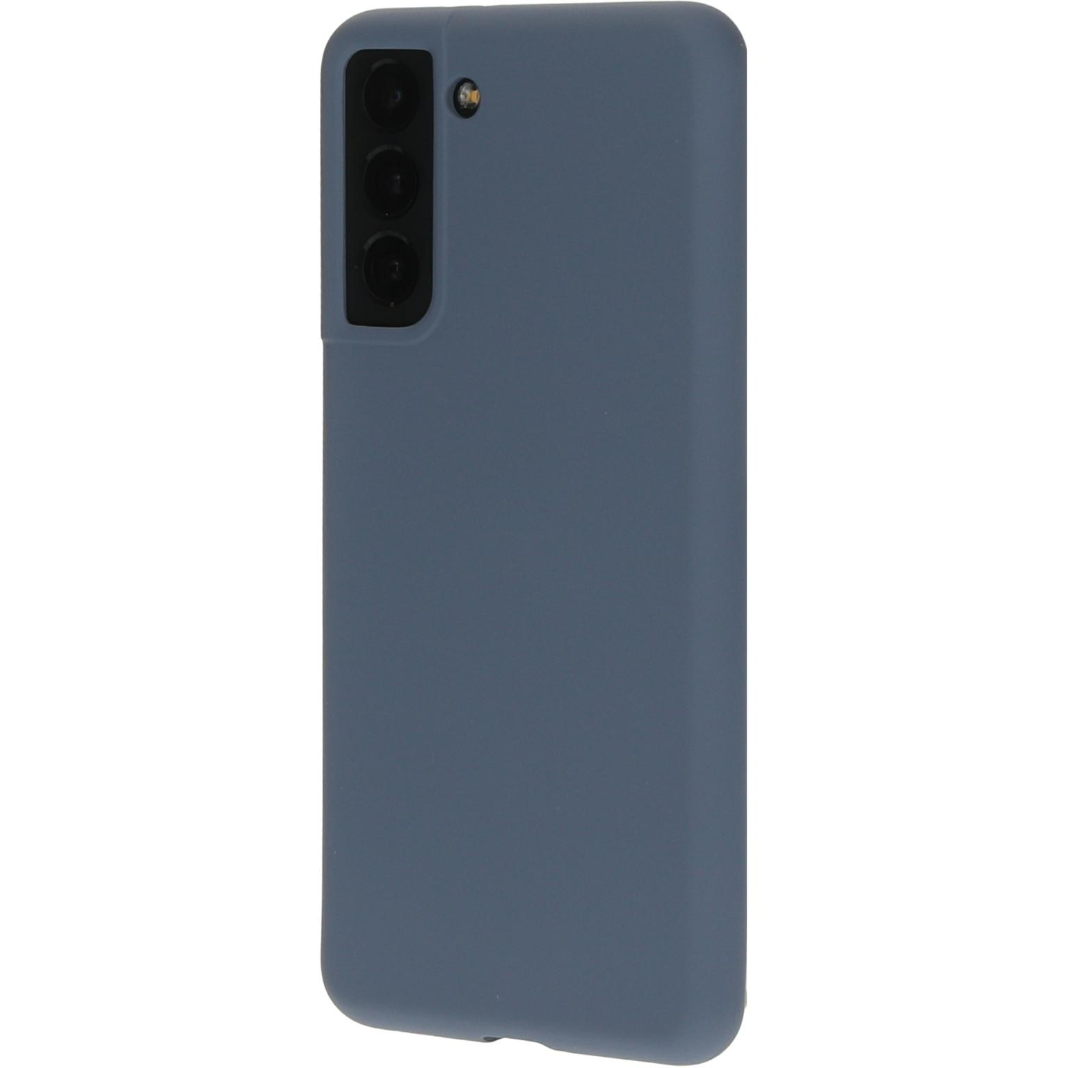 Donkerblauwe telefoonhoes op witte achtergrond. De hoes bedekt de achterkant van de telefoon.
