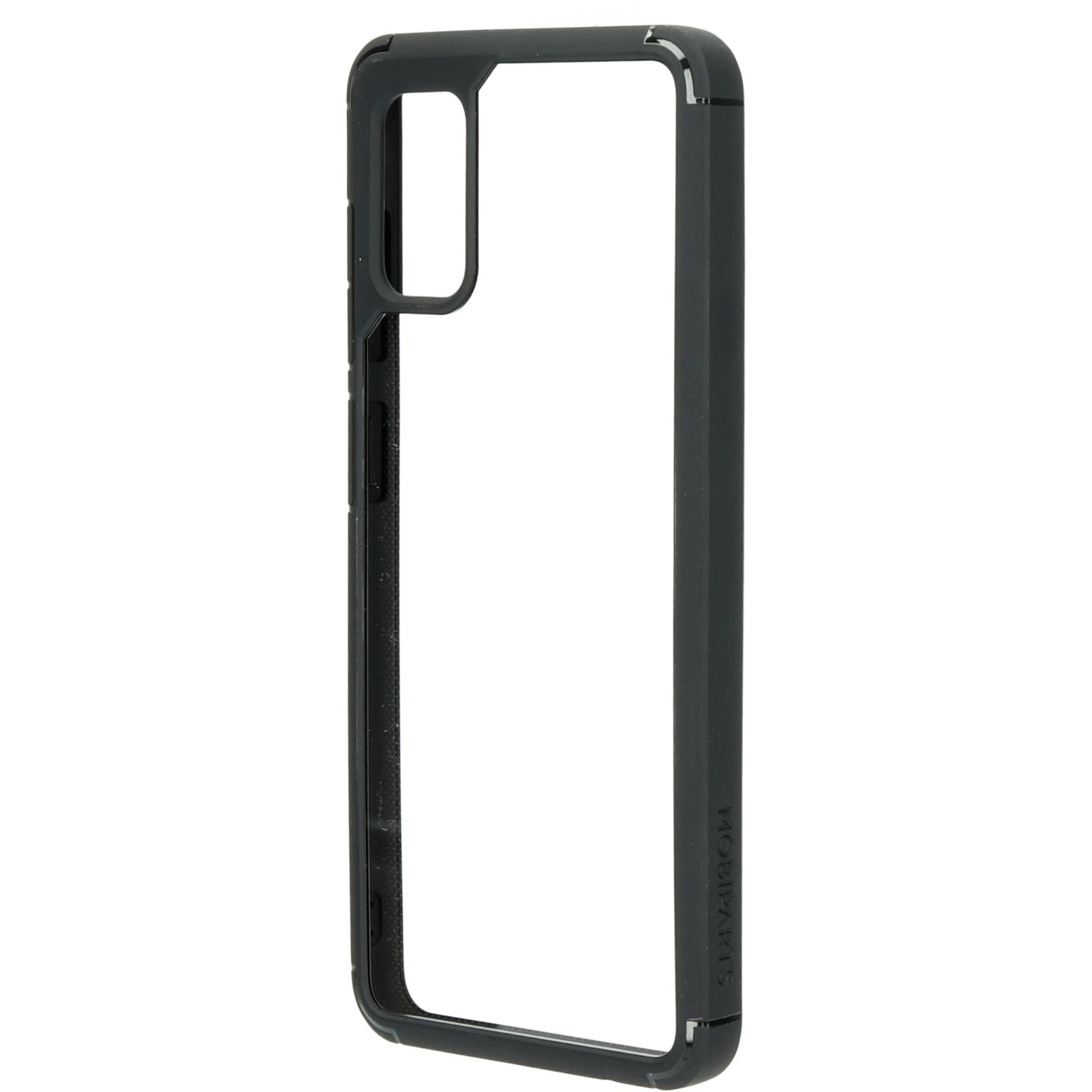 Zwarte telefoonhoesframe met camera-uitsparing, op een witte achtergrond.