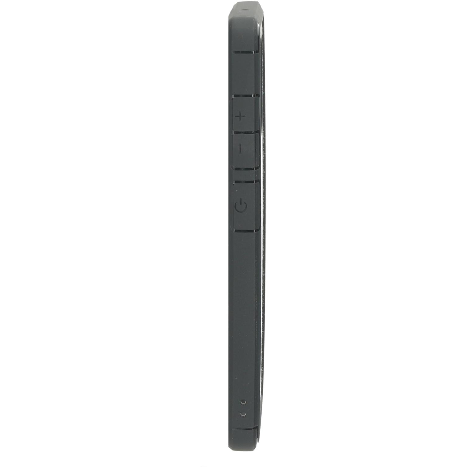 Donkergrijze telefoonhoes, zijaanzicht. Met volume- en aan/uit-knoppen.