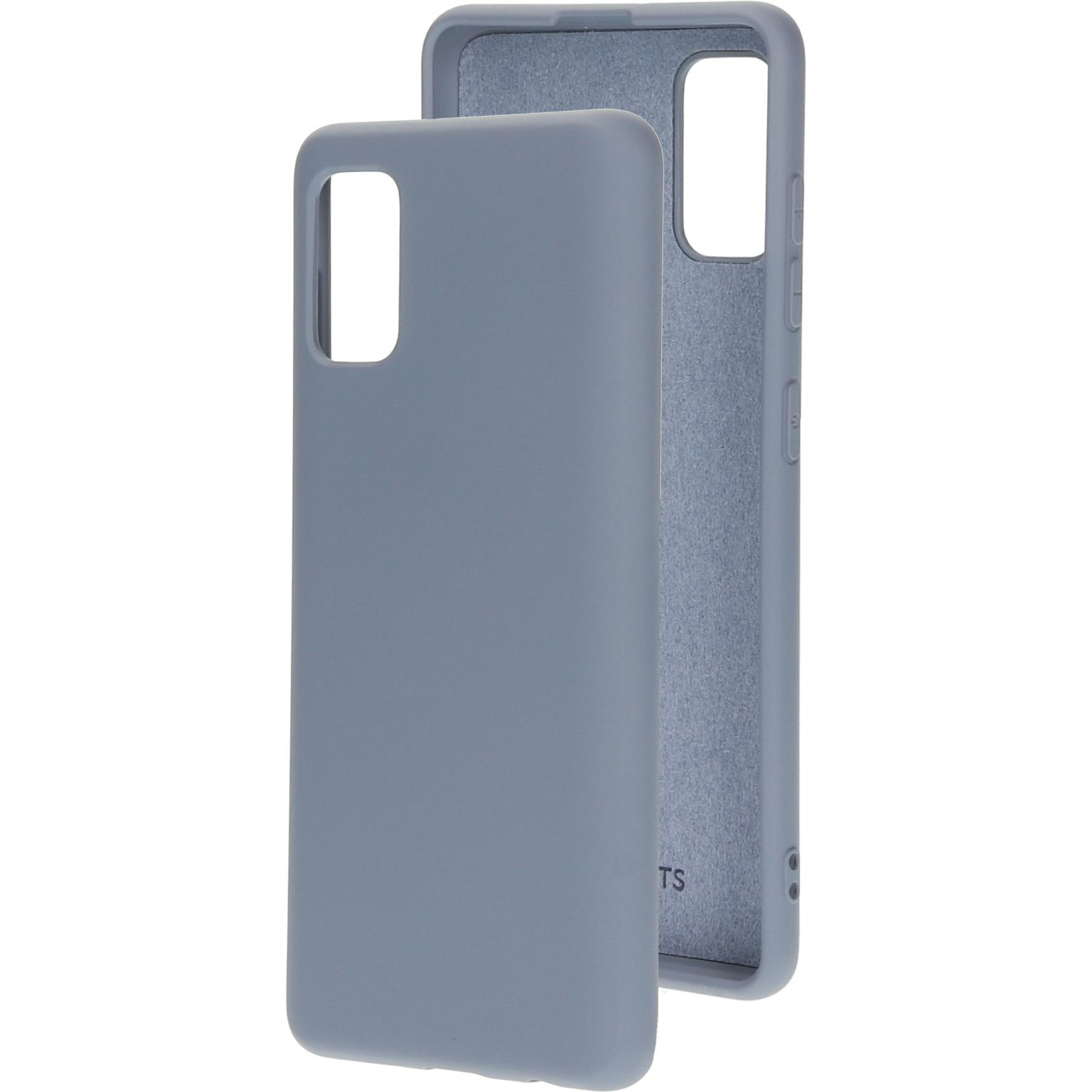 Grijze telefoonhoes, achteraanzicht. Heeft uitsparingen voor camera en knoppen. Witte achtergrond.