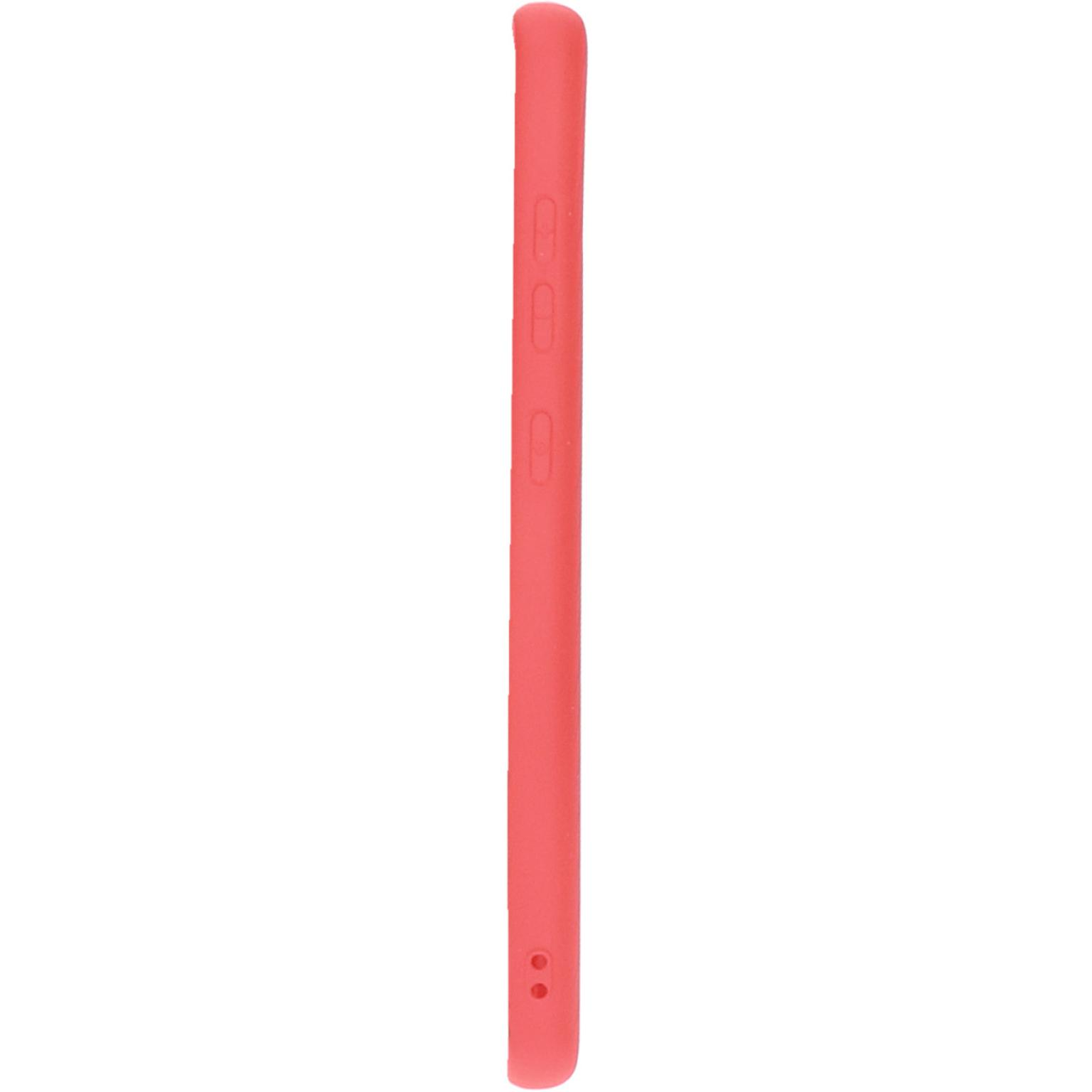 Een rode telefoonhoes, zijaanzicht. Heeft gaten voor de knoppen en de oplaadpoort.