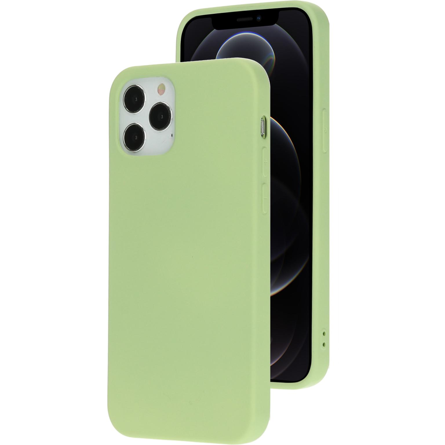 A light green phone case. The phone is visible, showing the back and side of the phone.