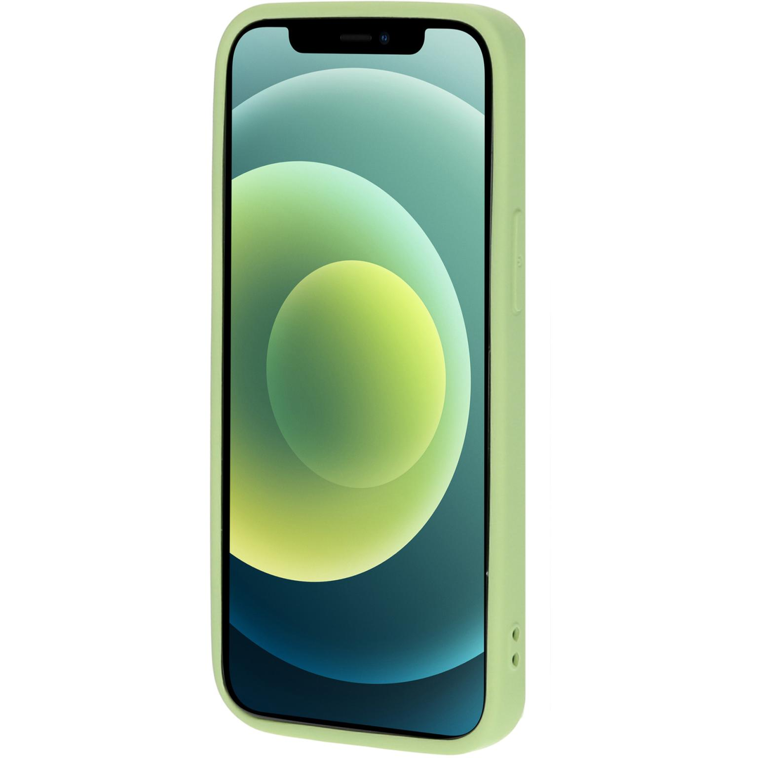 A phone in a light green case, the screen showing a gradient of greens and blues.