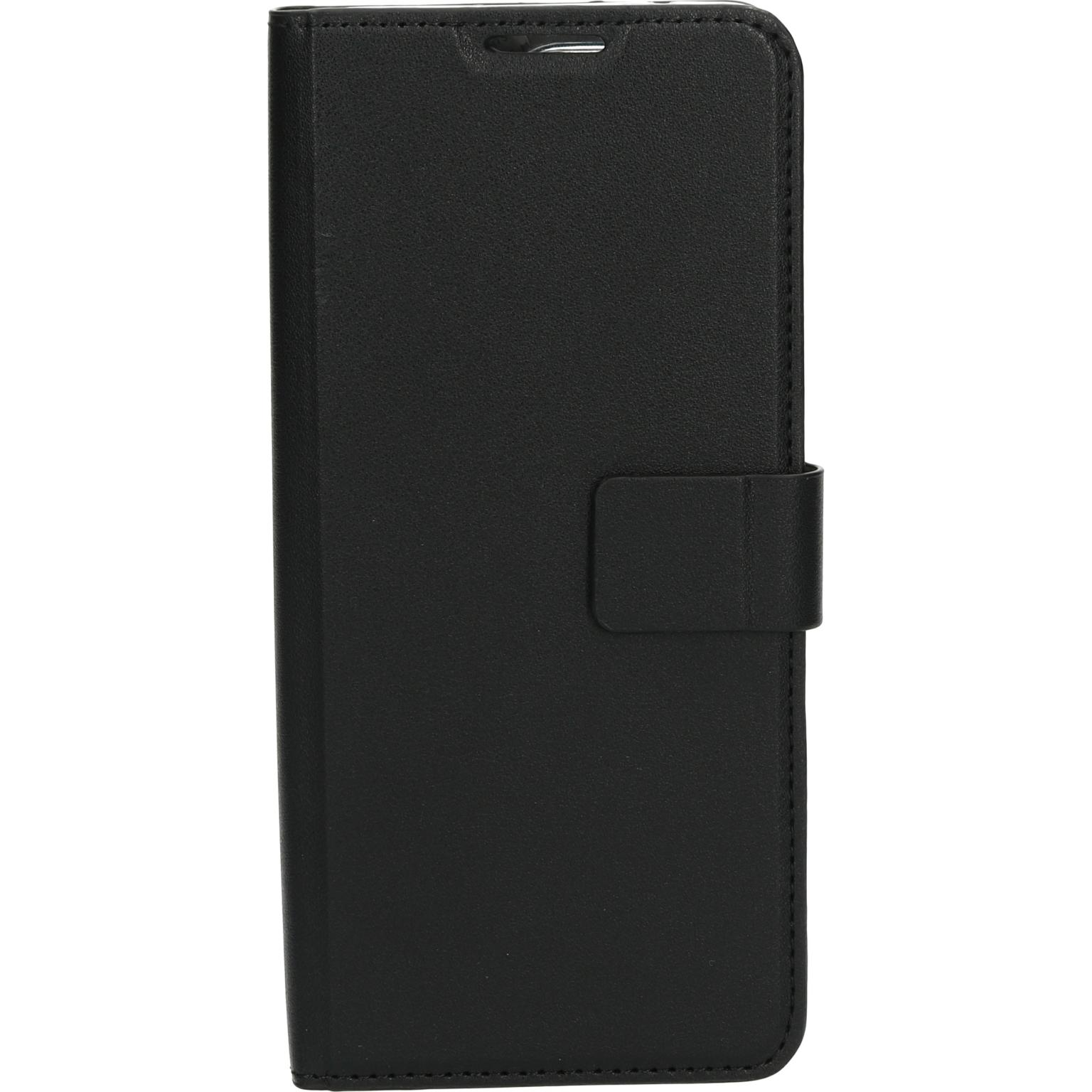 Een zwarte telefoonhoes. Het is een folio-hoesje, met een flap en magnetische sluiting.
