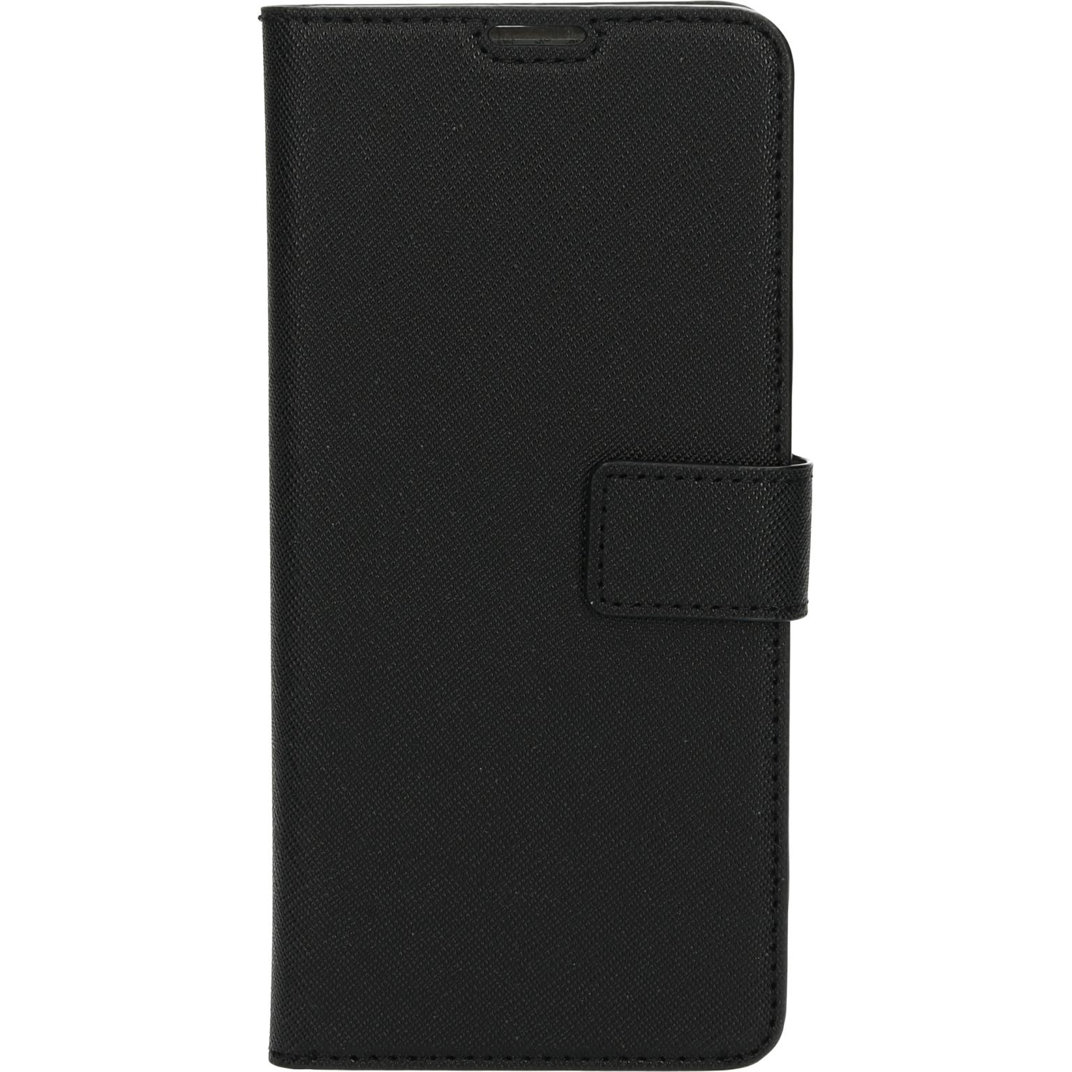 Zwarte telefoonhoes met flap en magneetsluiting.