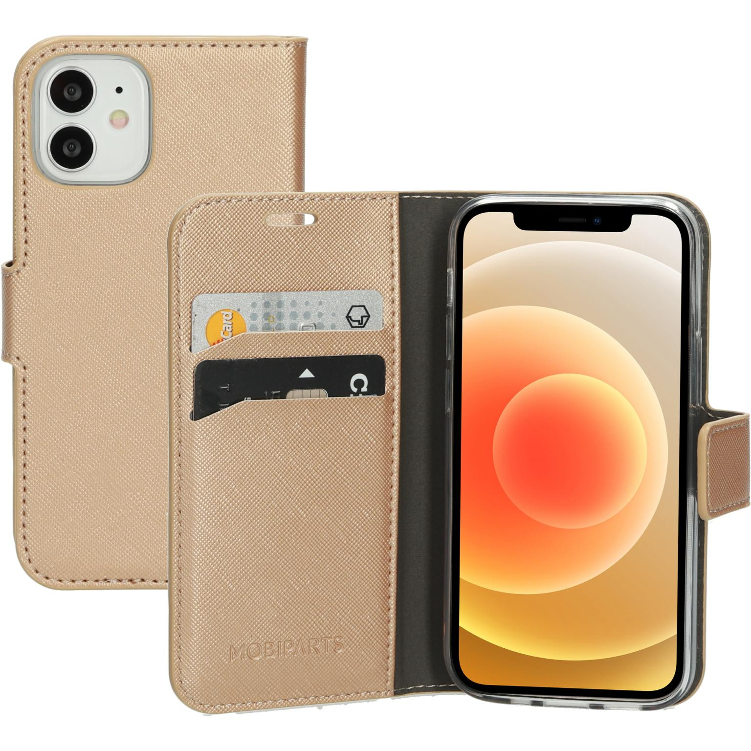 Gold phone case with a wallet design. It has card slots and a magnetic closure.