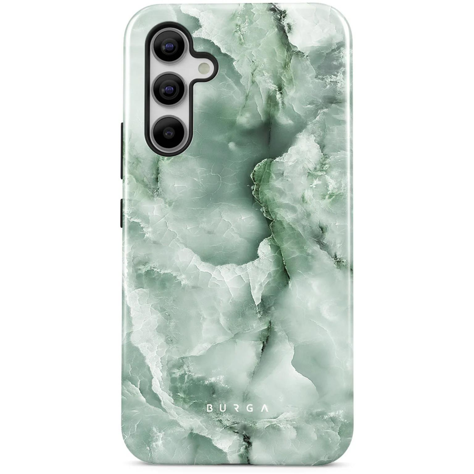 Telefoonhoesje met marmer-effect in groen- en wittinten.
