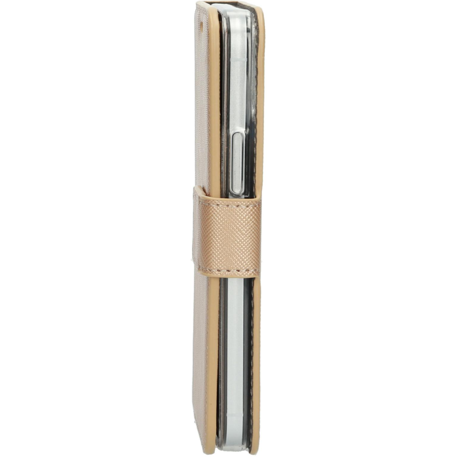 Side view of a beige phone case with a beige strap.