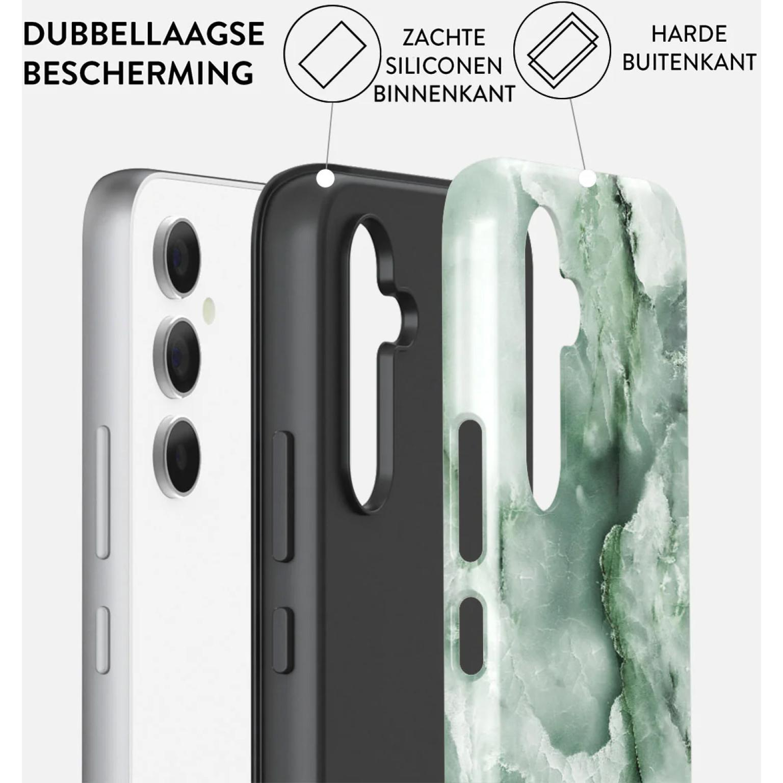 Telefoonhoeslagen: telefoon, zwarte binnenlaag, groen marmerpatroonlaag. Tekst: Dubbele bescherming.