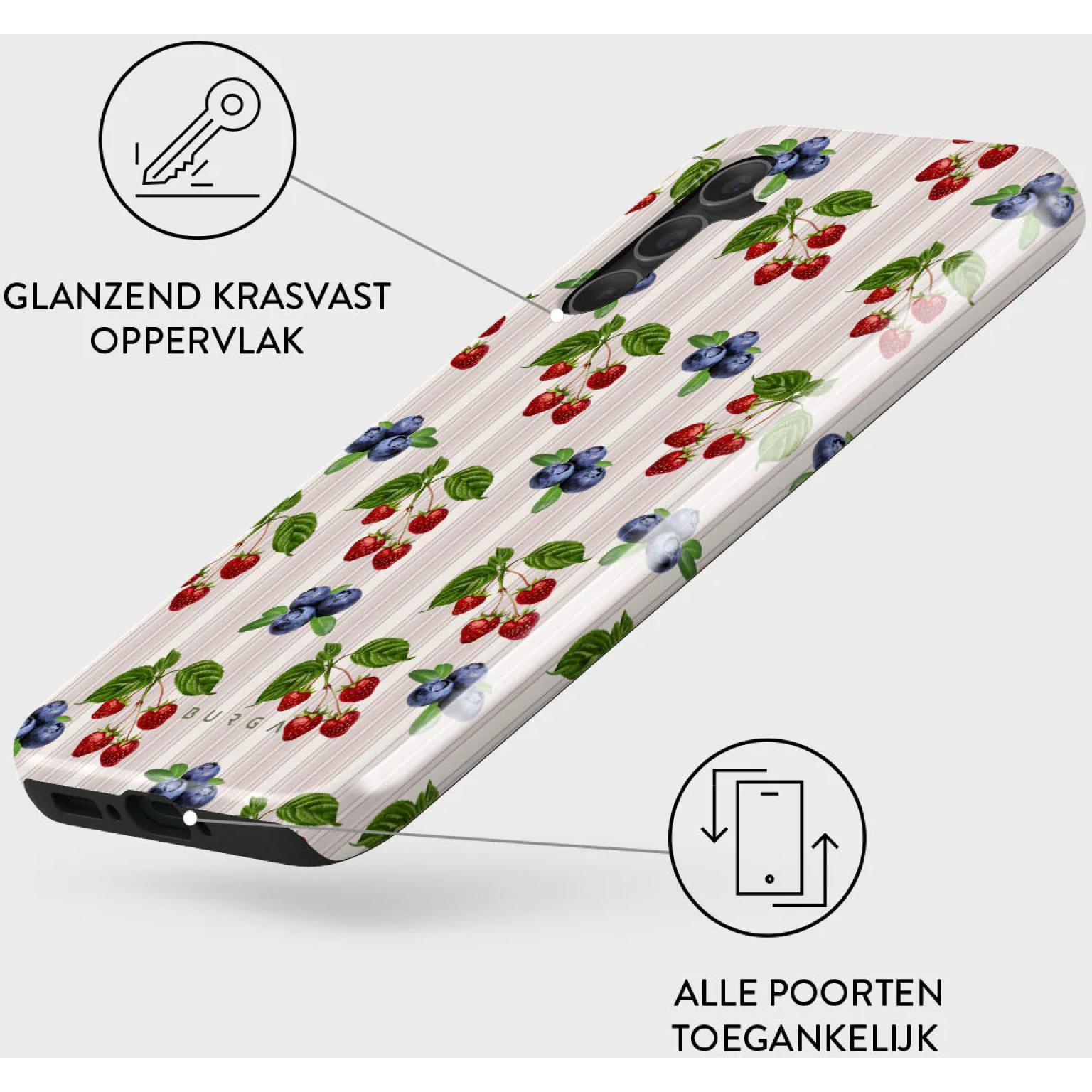 Telefoonhoes met bessenpatroon. Tekst geeft glanzend, krasvast oppervlak en poorttoegang aan.