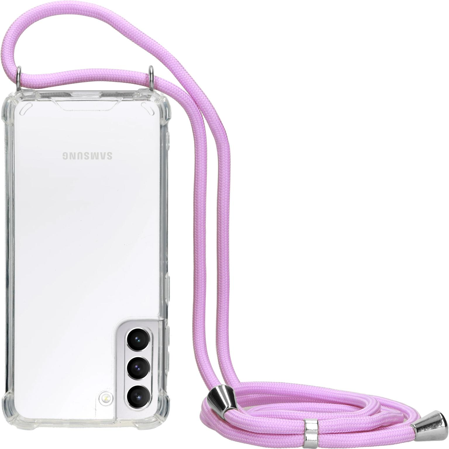 Transparant telefoonhoesje met roze koord.