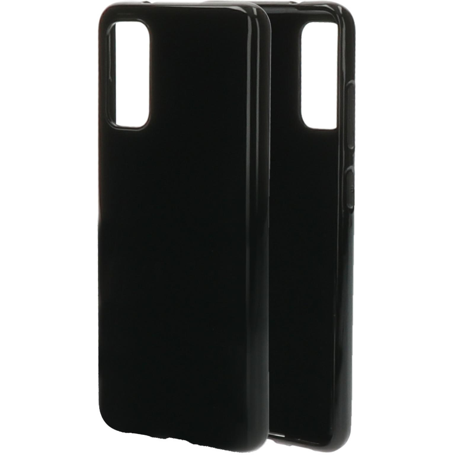 Twee lege zwarte telefoonhoesjes, naast elkaar.