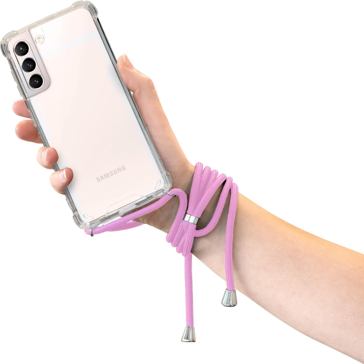 Hand die een doorzichtige telefoonhoes vasthoudt met een roze koord. De hoes staat op een witte achtergrond.