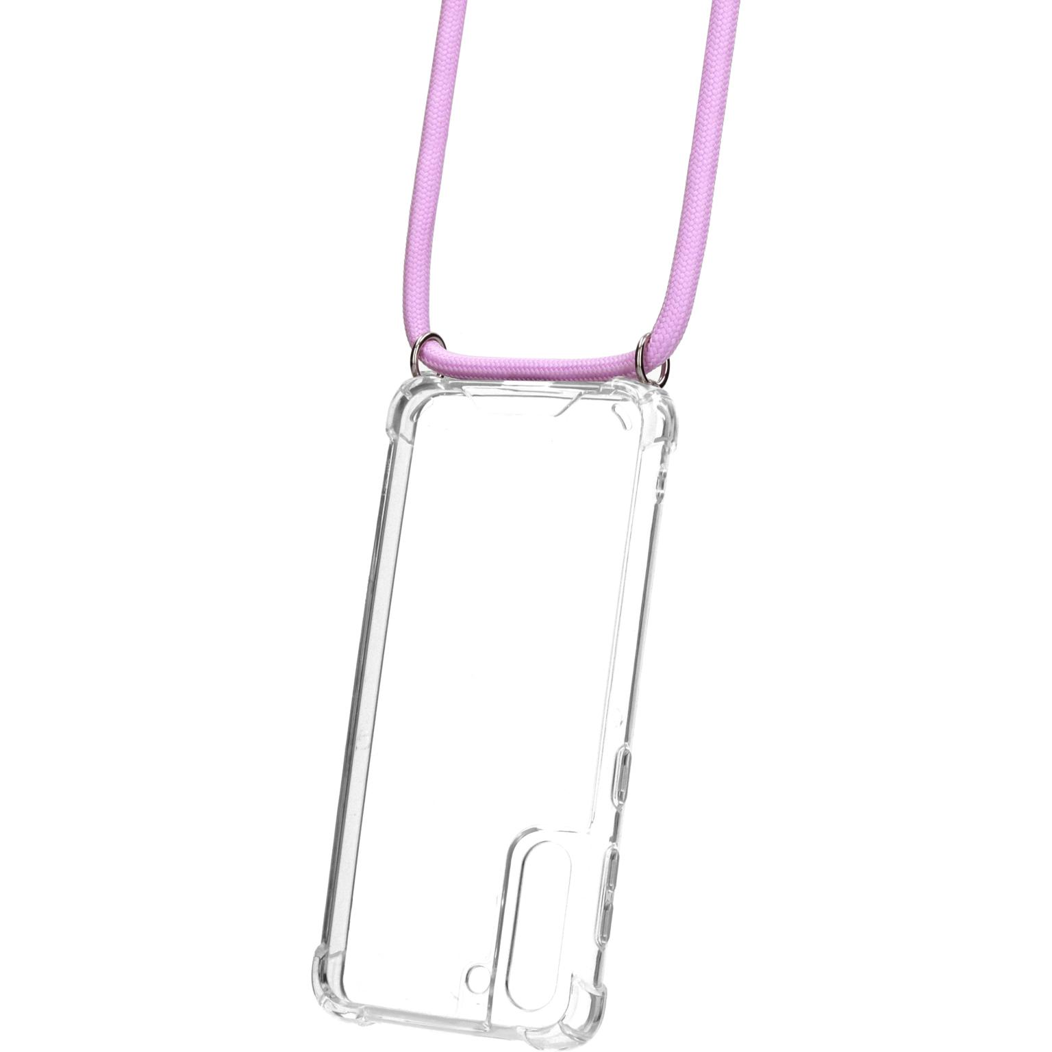 Een transparante telefoonhoes met een lavendelsnoer. De hoes is leeg.