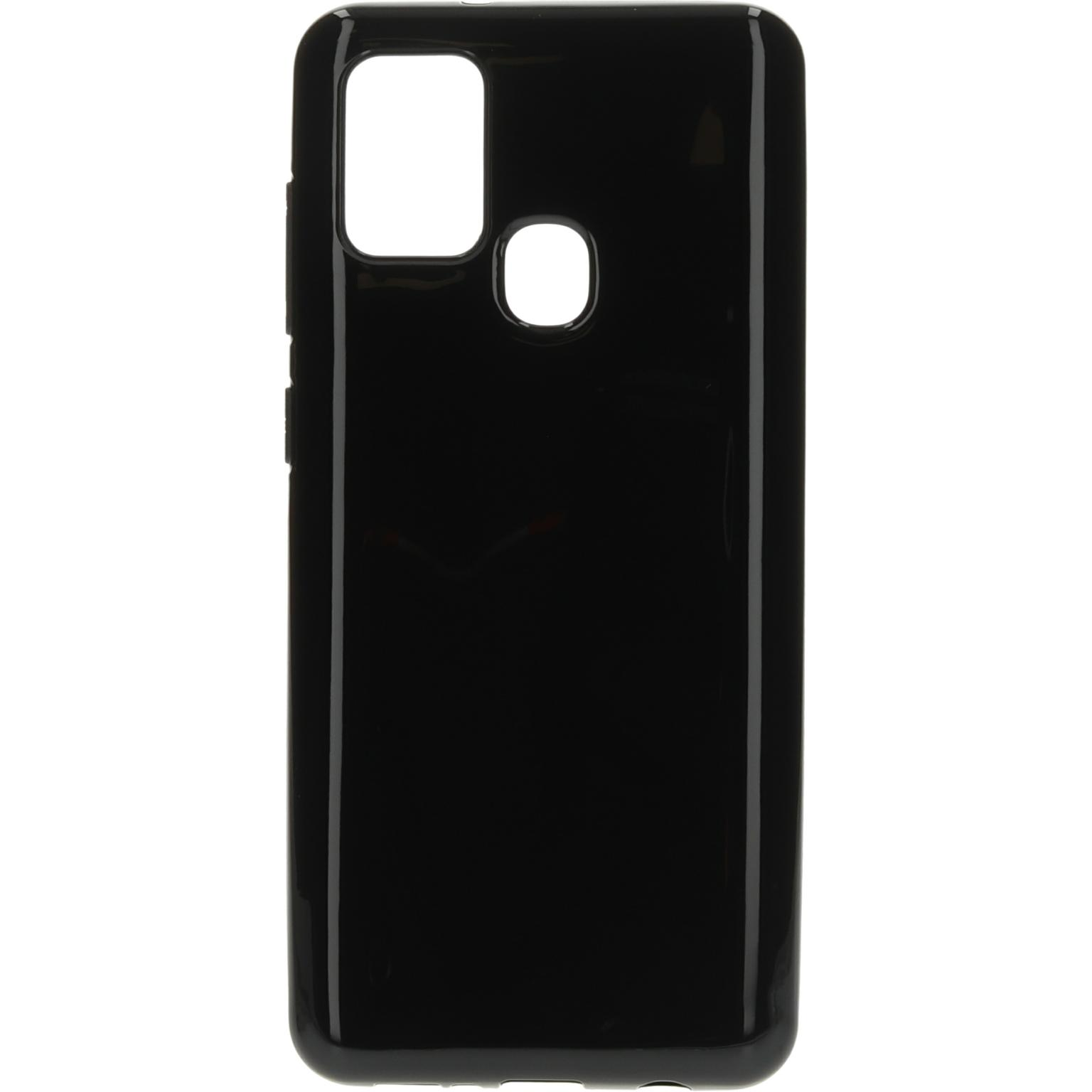 Een zwart telefoonhoesje. De case is effen en heeft uitsparingen voor de camera en knoppen.