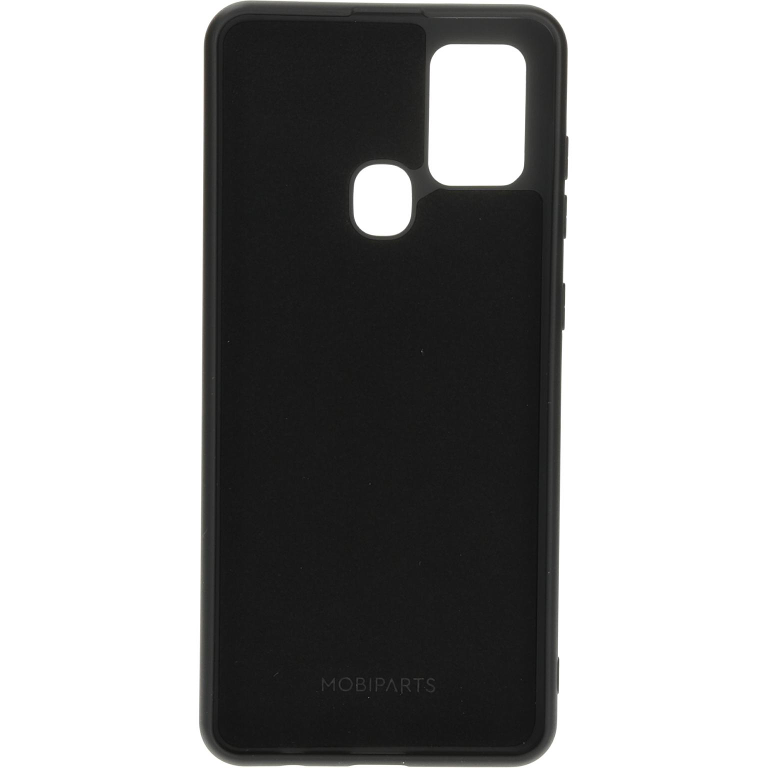 Zwarte telefoonhoes met camera-uitsparingen. MOBIPARTS onderaan gedrukt.