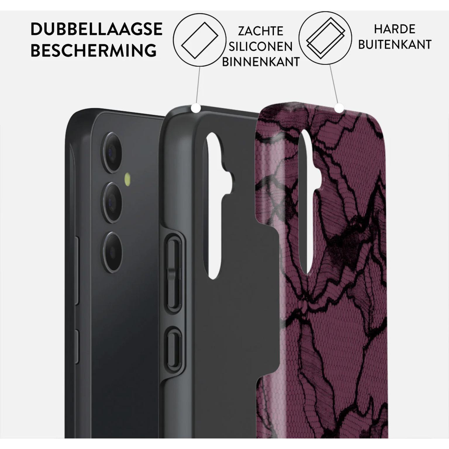 Telefoonhoesje met een donkerpaars kanten patroon.
