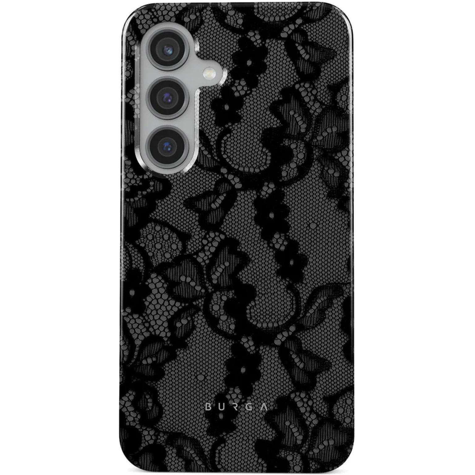 Telefoonhoesje met zwart kantpatroon op een grijze achtergrond.