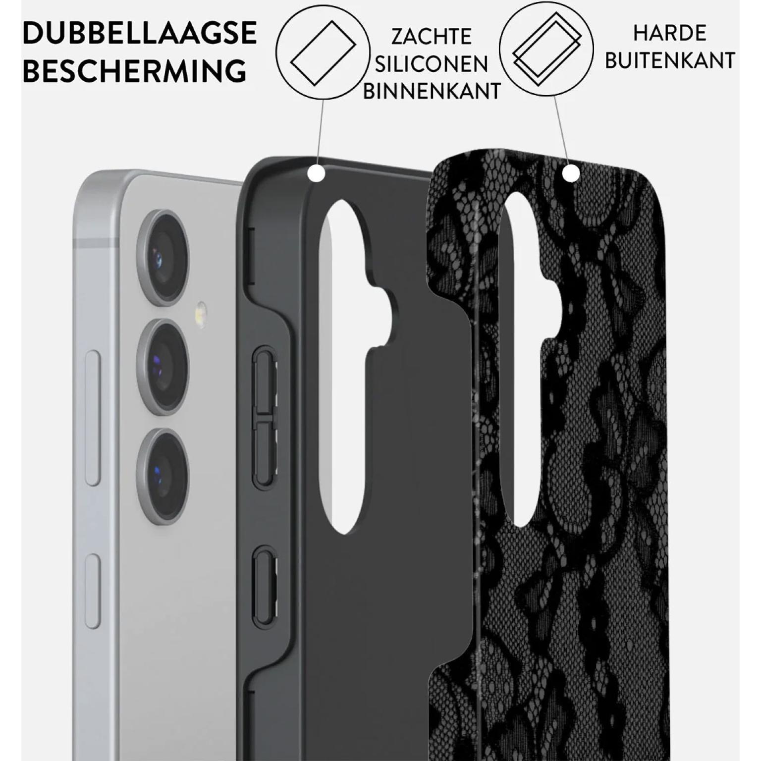 Telefoonhoes detail: grijze telefoon, zwarte binnenlaag, zwarte kanten patroon buitenkant.