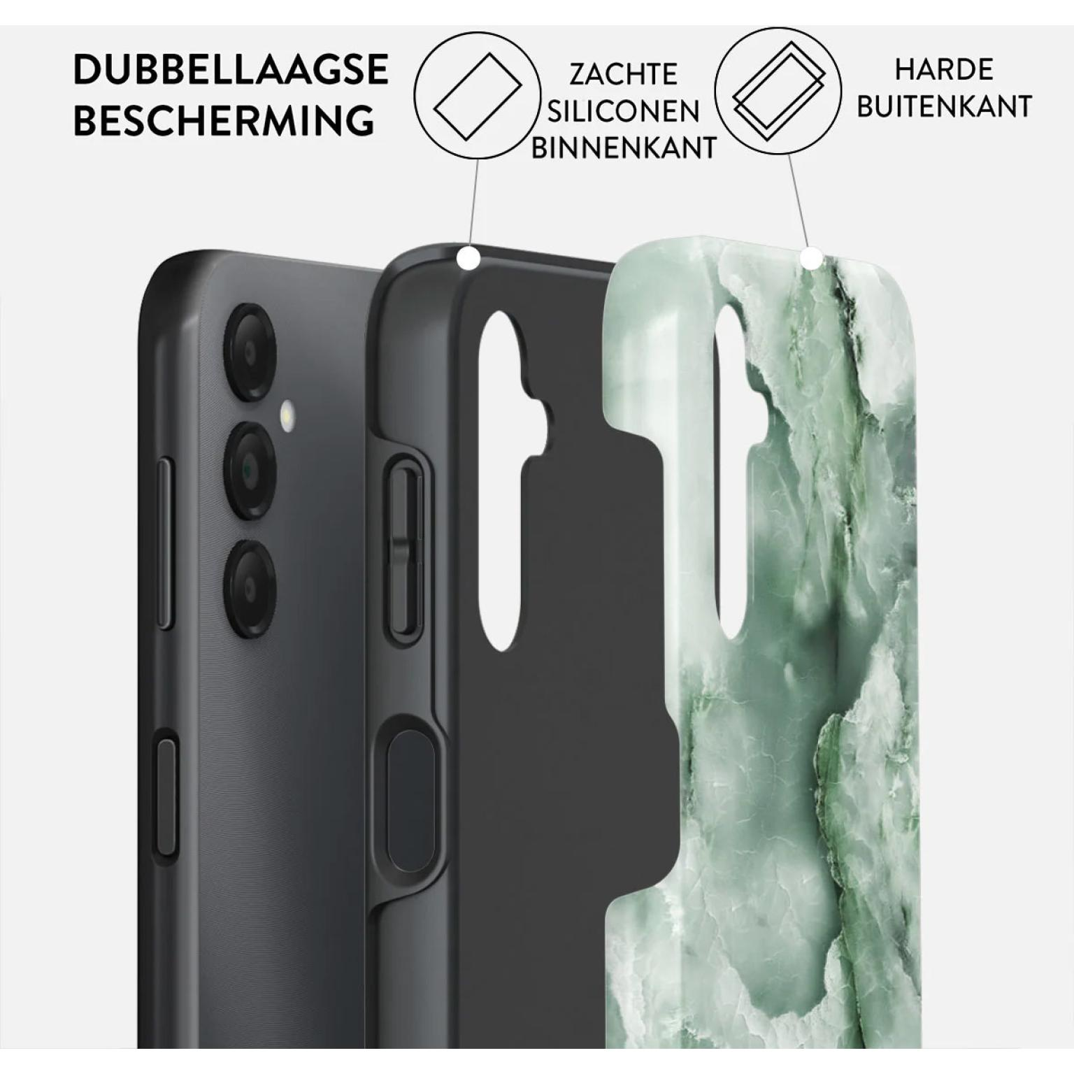 Phone case showing layers, black phone, with a green marble print case. Text: double layer protection.