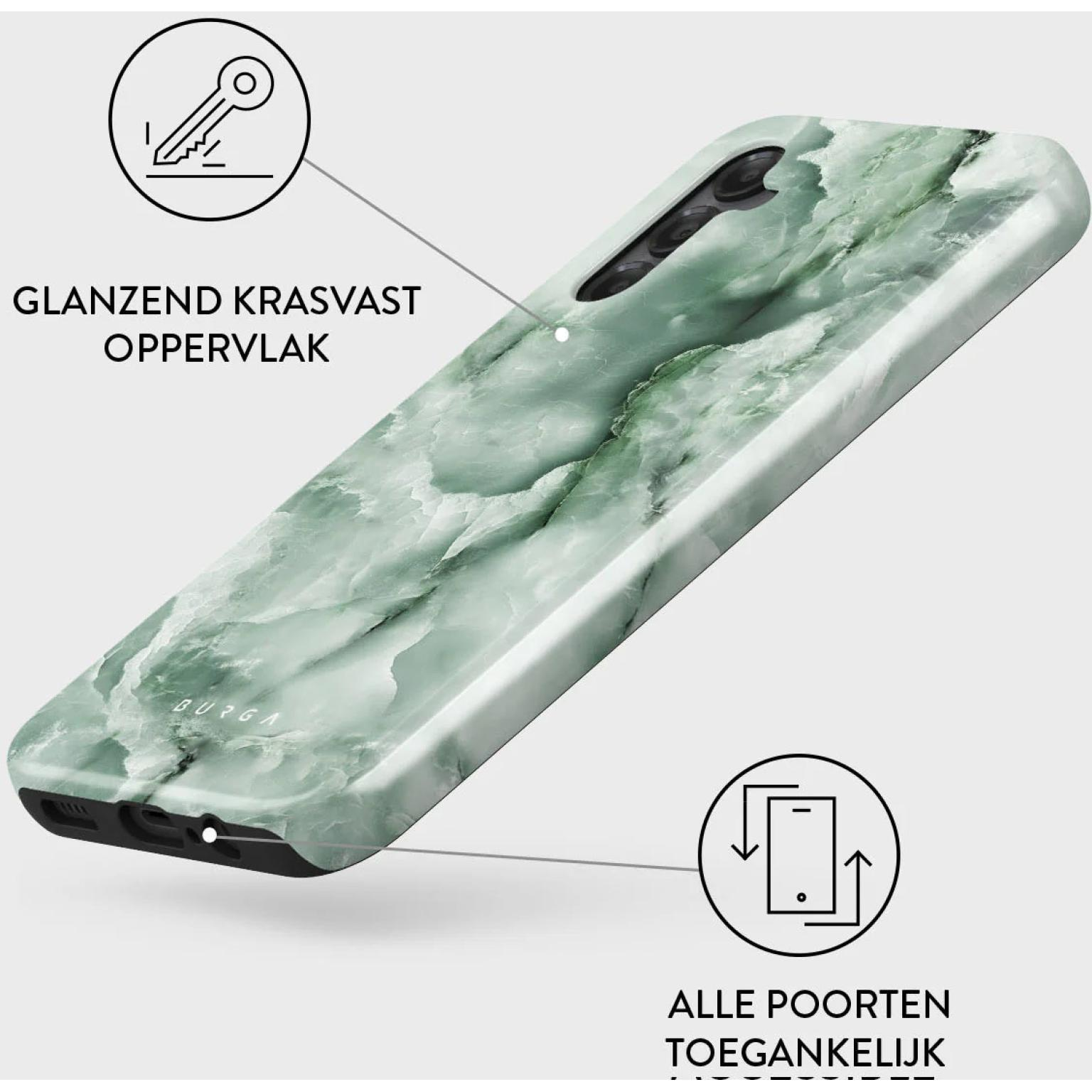 Phone case with green and white marble pattern.
