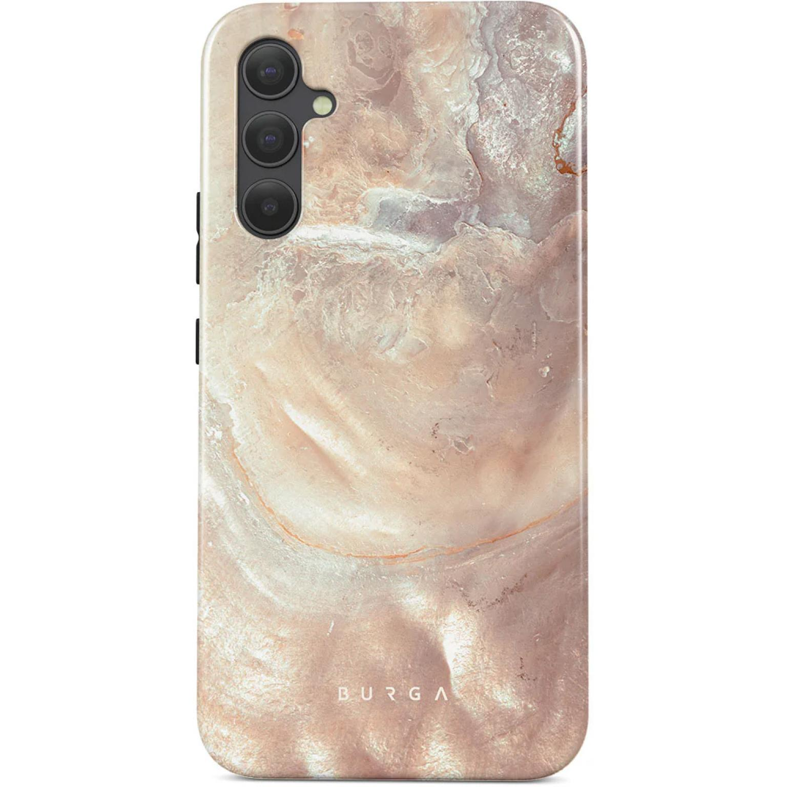 Telefoonhoesje met een marmerpatroon in beige- en bruintinten.