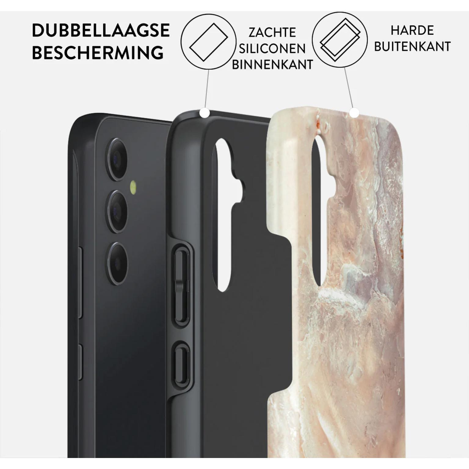 Telefoonhoesje lagen: telefoon, zwarte middenlaag en een marmerpatroon. Dubbellaagse bescherming.