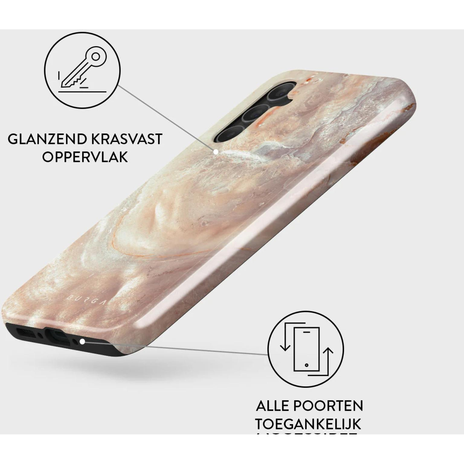 Telefoonhoesje met een marmeren design. De hoes heeft een glanzend, krasbestendig oppervlak.