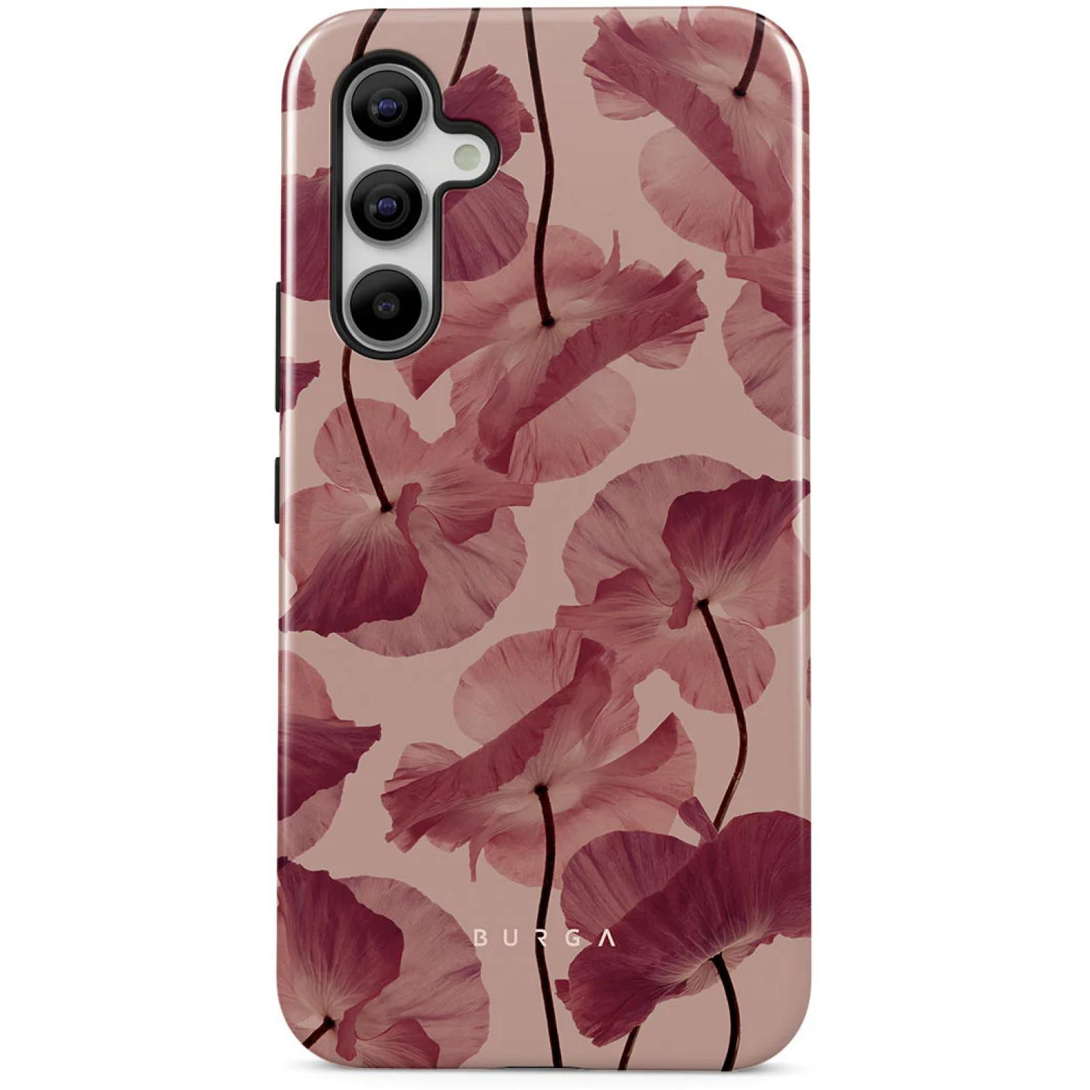 Coque de téléphone avec un motif de fleurs rose foncé à longues tiges sur un fond rose clair.