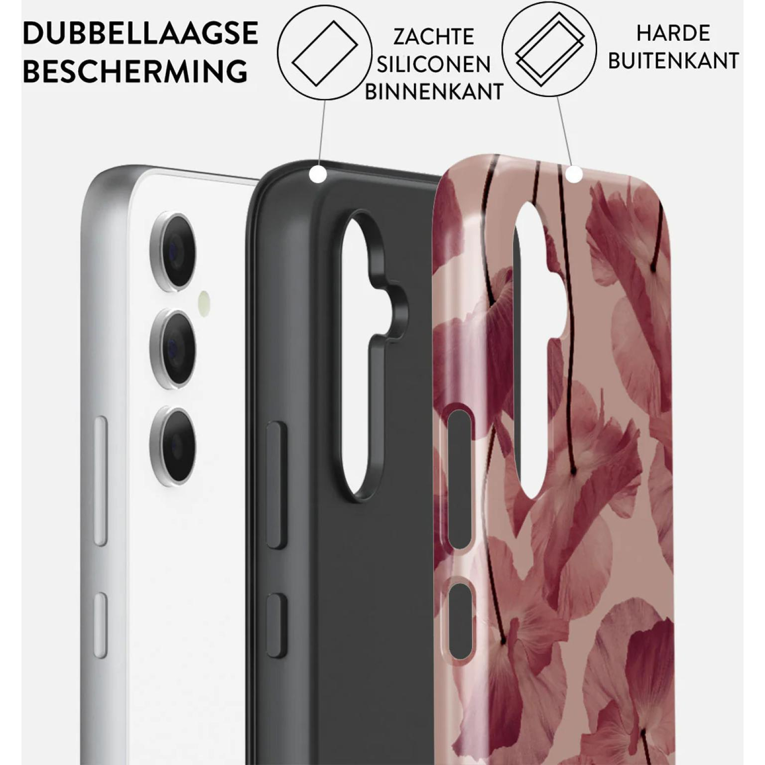 Couches de coque de téléphone : téléphone argenté, coque intérieure noire et motif de pétales de fleurs rouges.