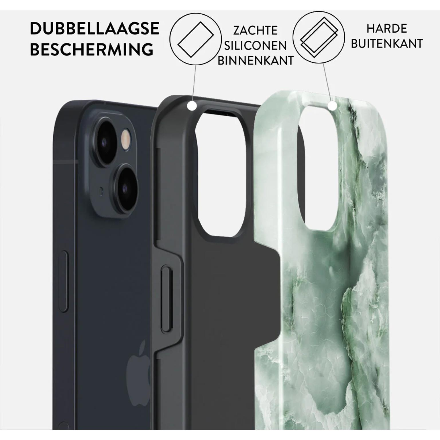 Telefoonhoes met lagen, zwarte telefoon, met een groene marmerprint. Tekst: dubbele bescherming.