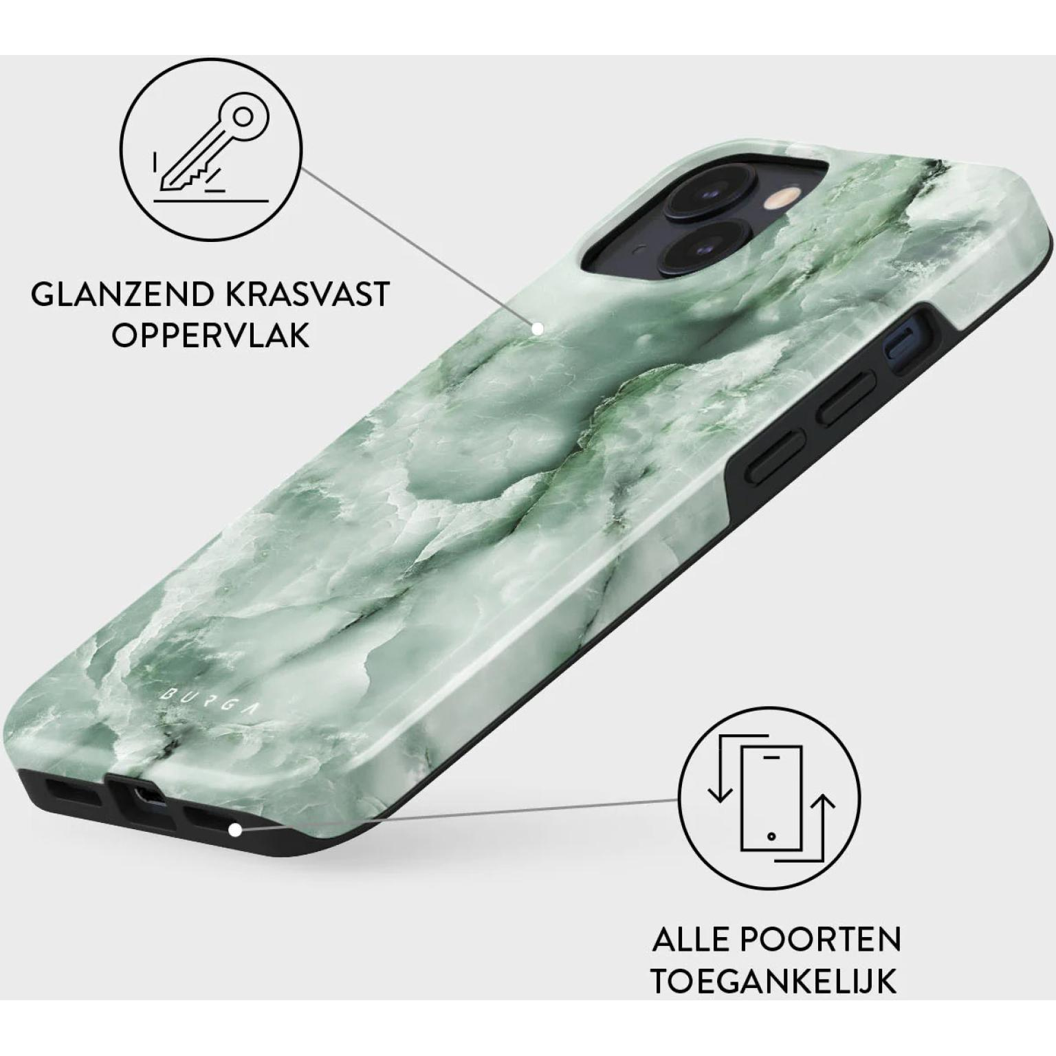 Groene marmeren telefoonhoes met een glanzend oppervlak.
