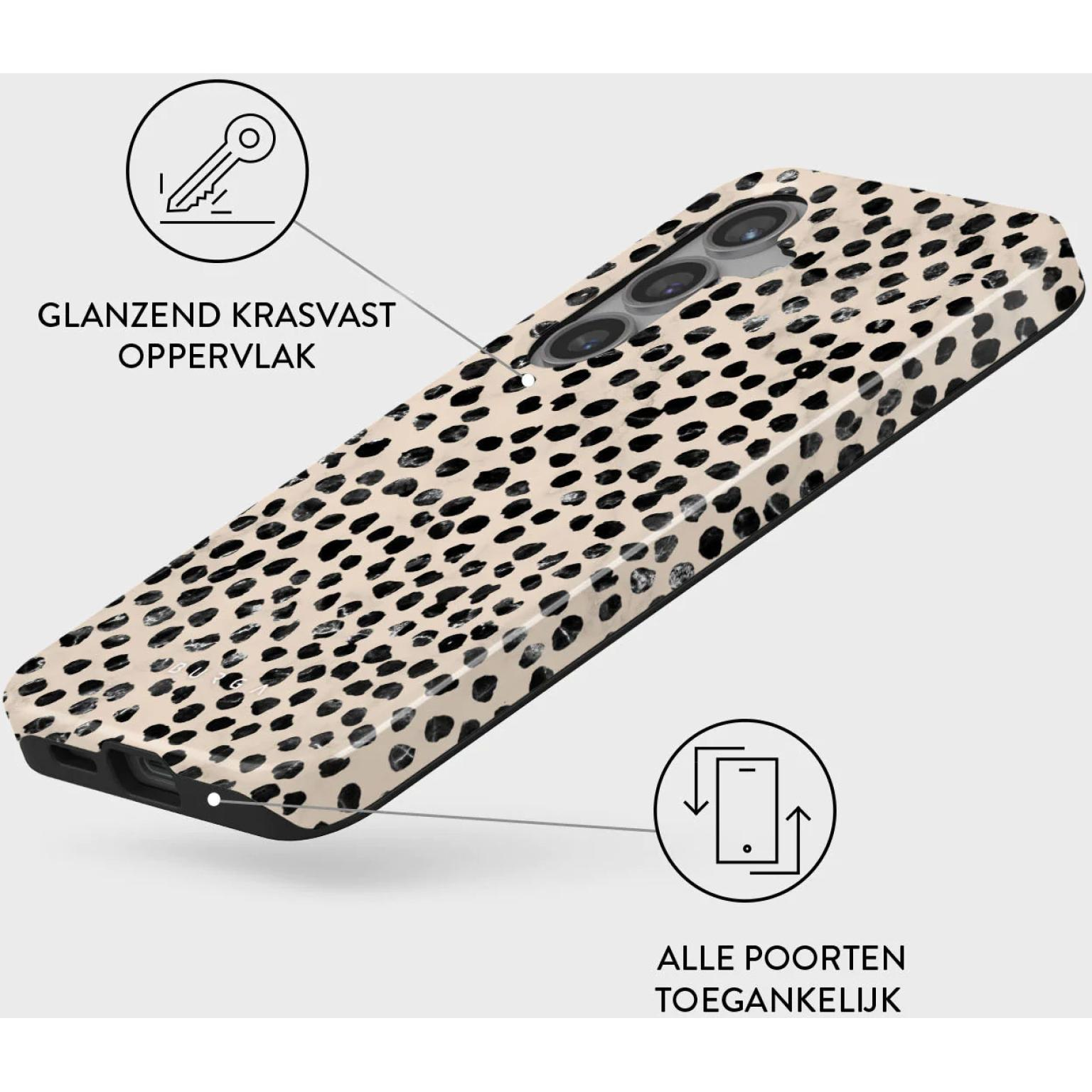 Une coque de téléphone avec un motif léopard, présentant une surface brillante et résistante aux rayures.