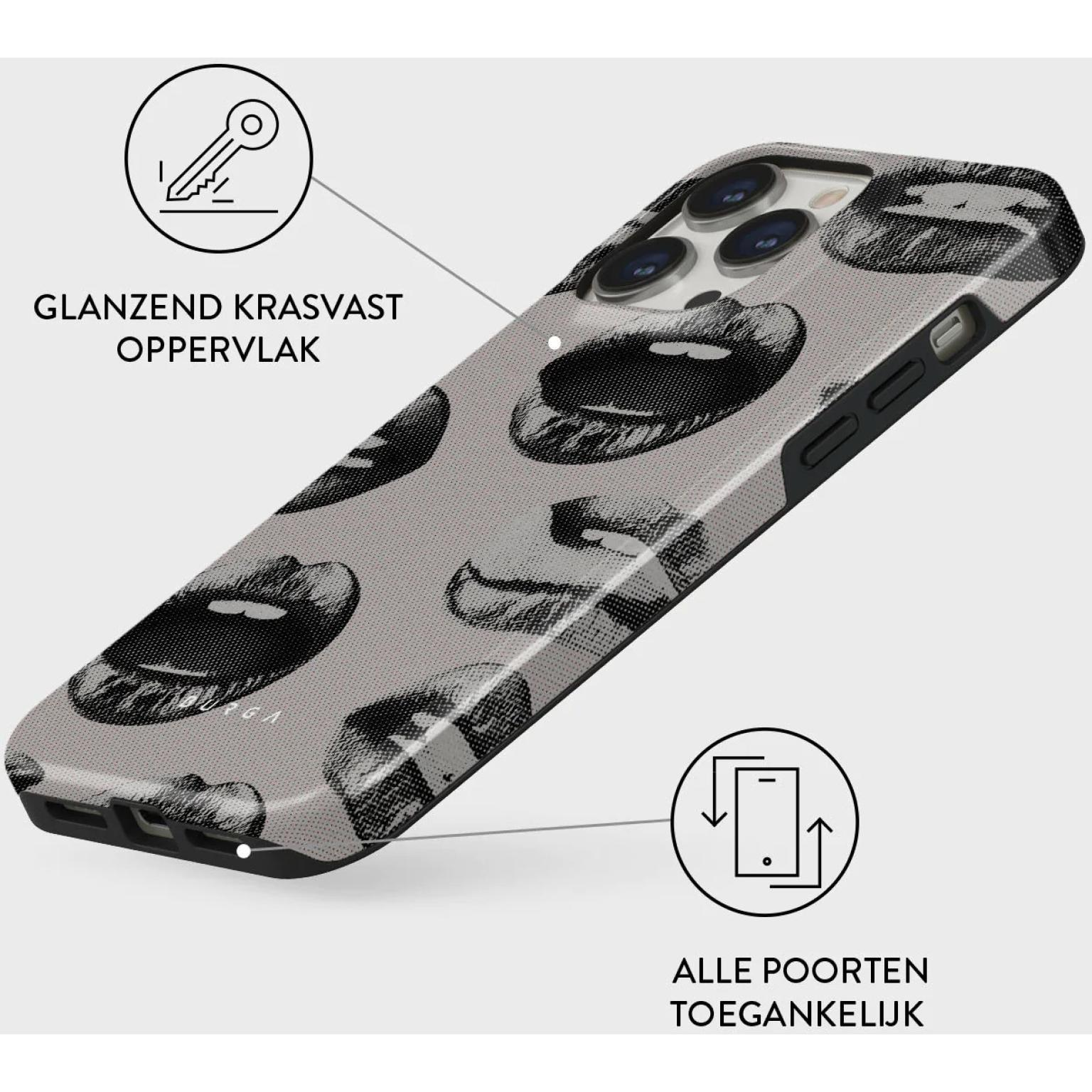 Phone case with lips pattern. Text: glossy scratch-resistant surface and accessible ports.