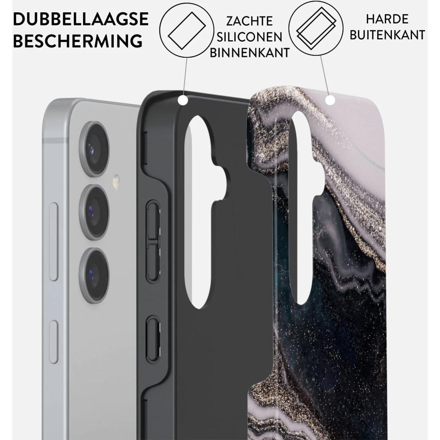 Téléphone avec trois couches : téléphone, coque noire, coque à motifs avec effet marbre noir et or.