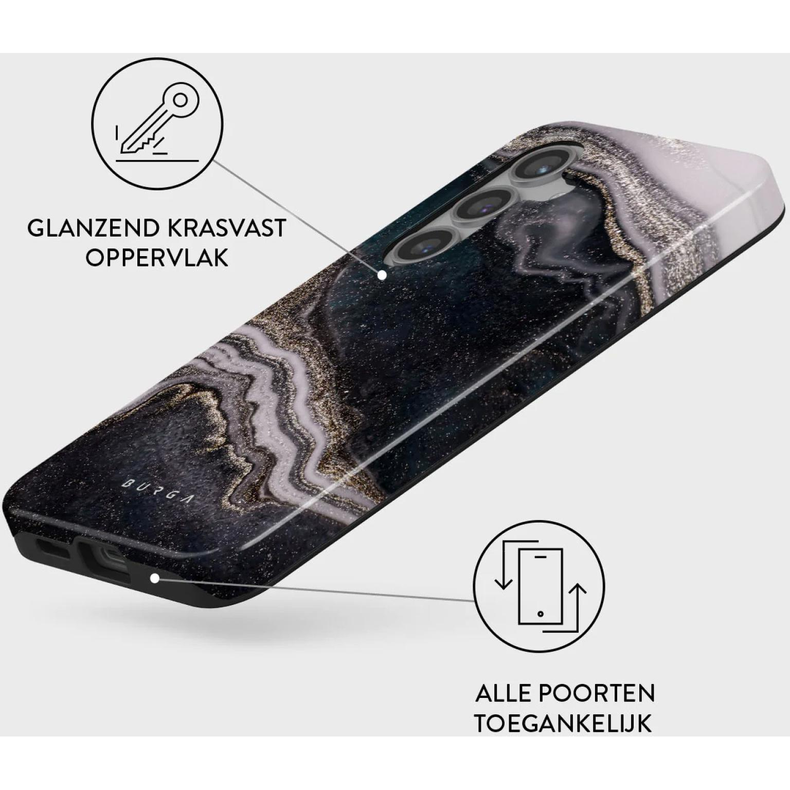 Coque de téléphone avec motif marbré noir, or et blanc. Surface brillante. Texte: Glanzend Krasvast Oppervlak.
