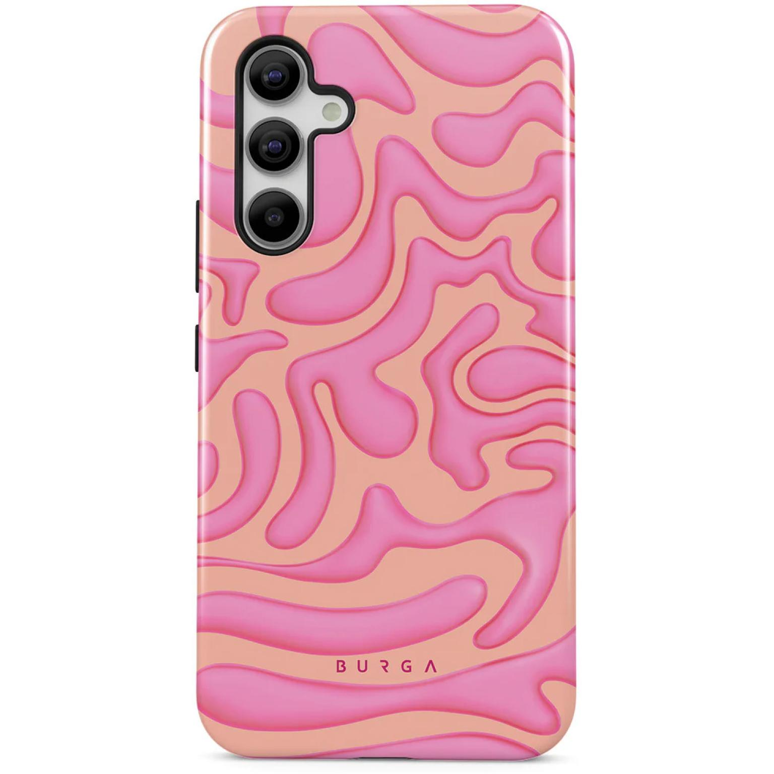 Telefoonhoesje met een roze abstract ontwerp. Roze golfvormige vormen op een lichtere roze achtergrond.