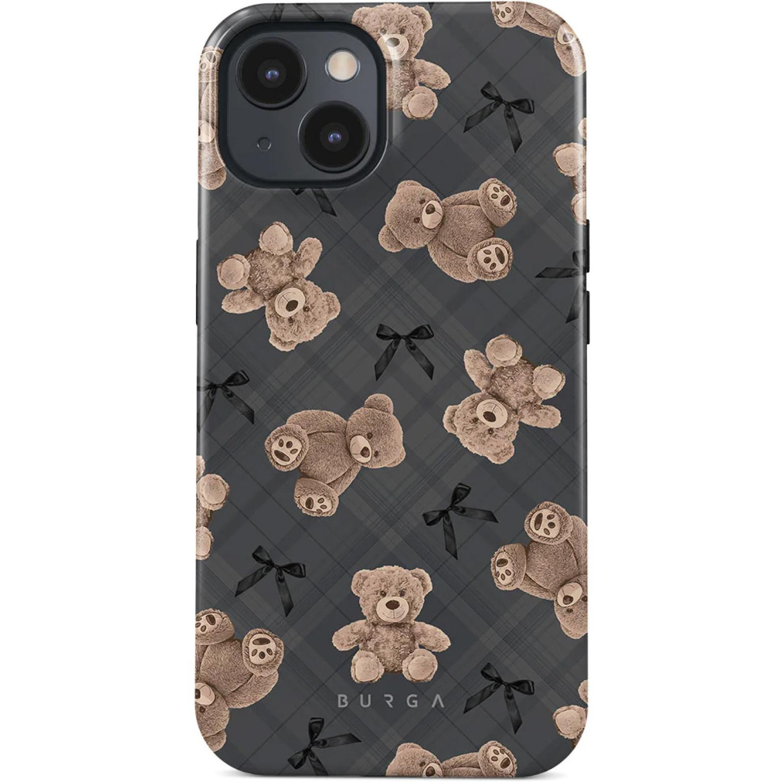 Telefoonhoesje met teddyberen en zwarte strikken op een grijze geruite achtergrond.