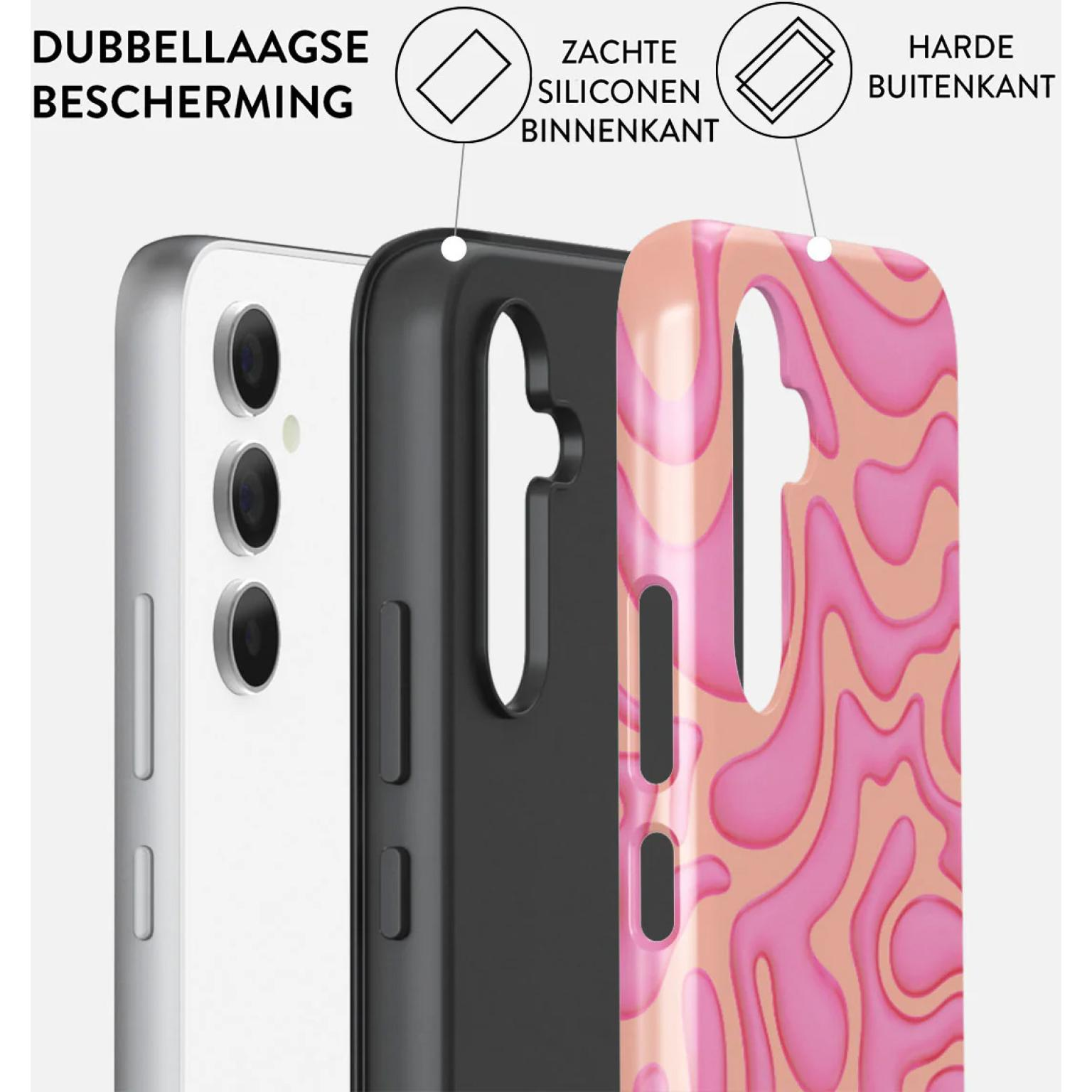 Telefoonhoeslagen: telefoon, zwarte binnenste siliconen en een abstracte roze en oranje buitenste laag.