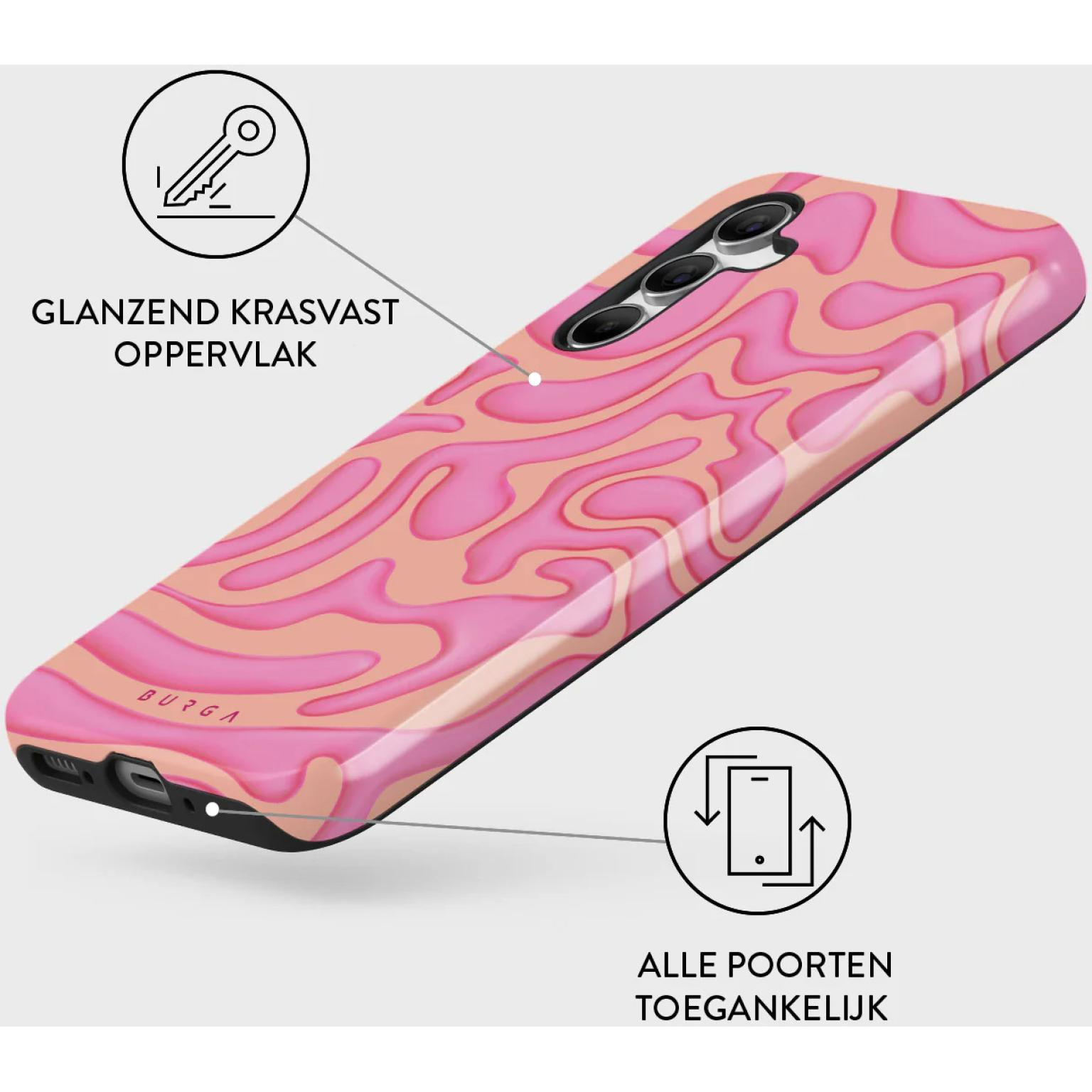 Telefoonhoesje met roze en oranje golvenpatroon. Glanzend oppervlak.