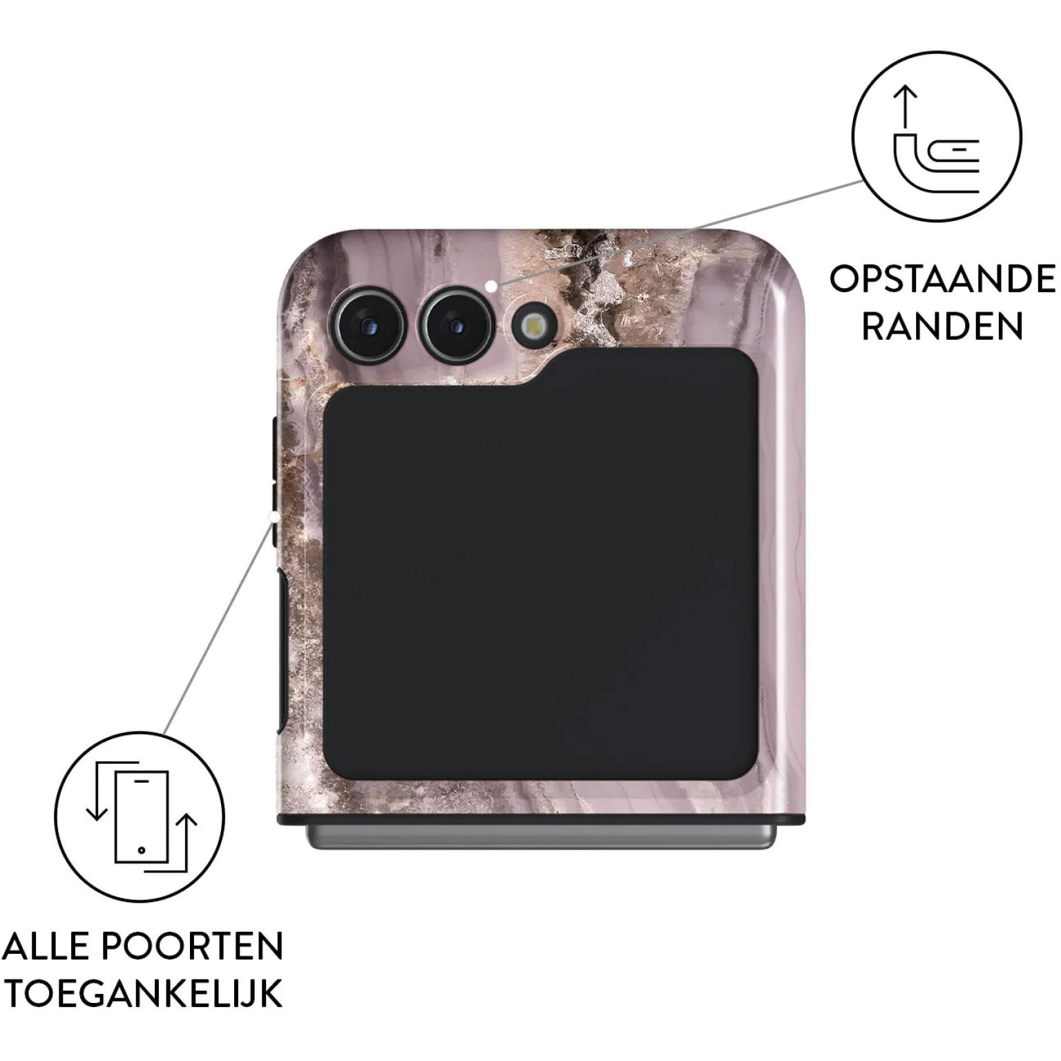 Custodia per telefono in marmo rosa e marrone. Testo: Opstaande Randen. Testo: Alle Poorten Toegankelijk.