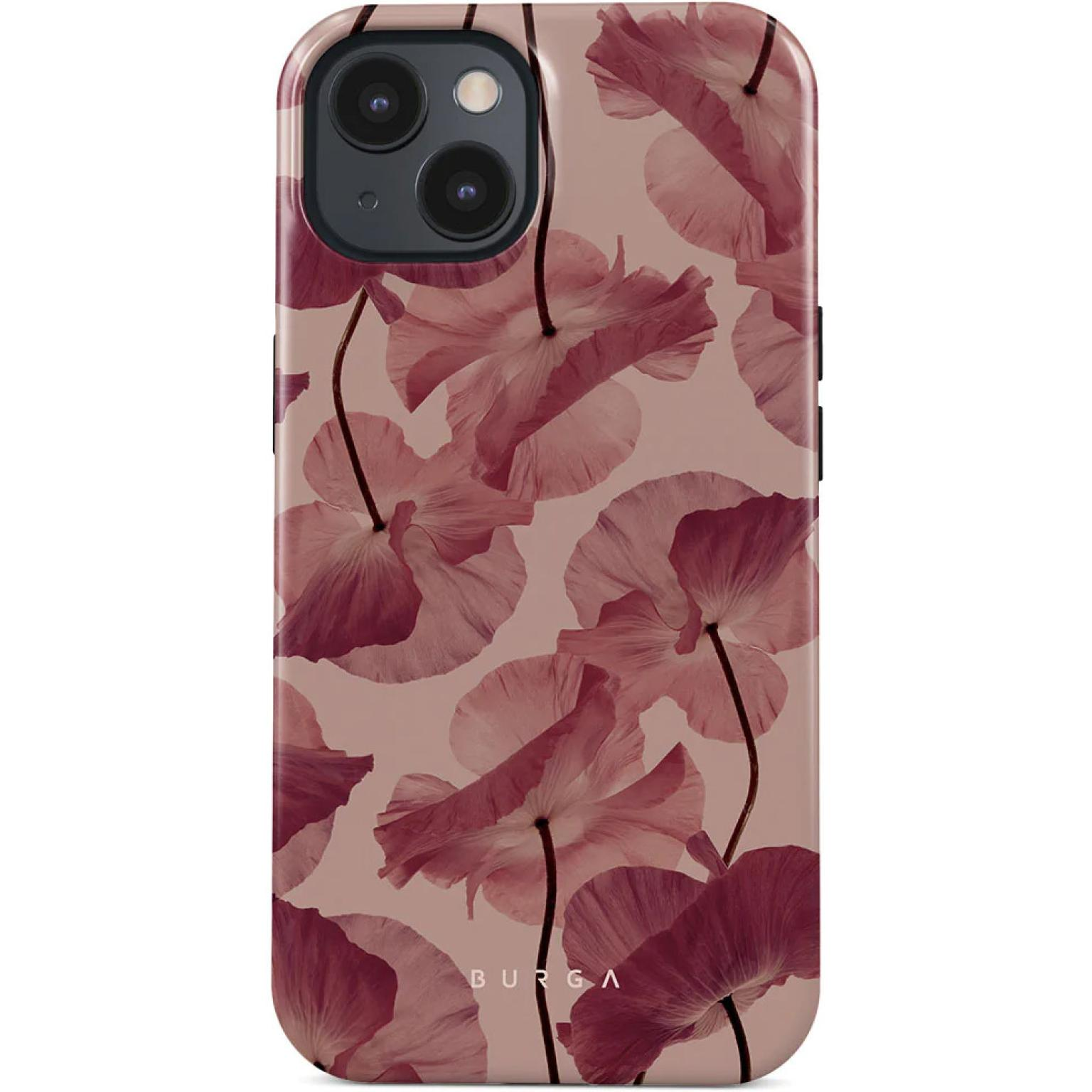 Pink floral phone case with multiple stylized flower patterns.