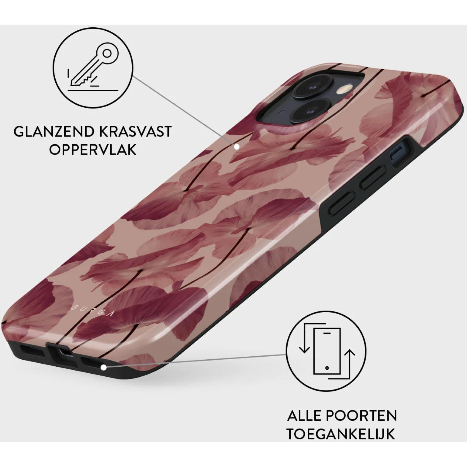 Phone case with a floral pattern. Features include a glossy surface and accessible ports.