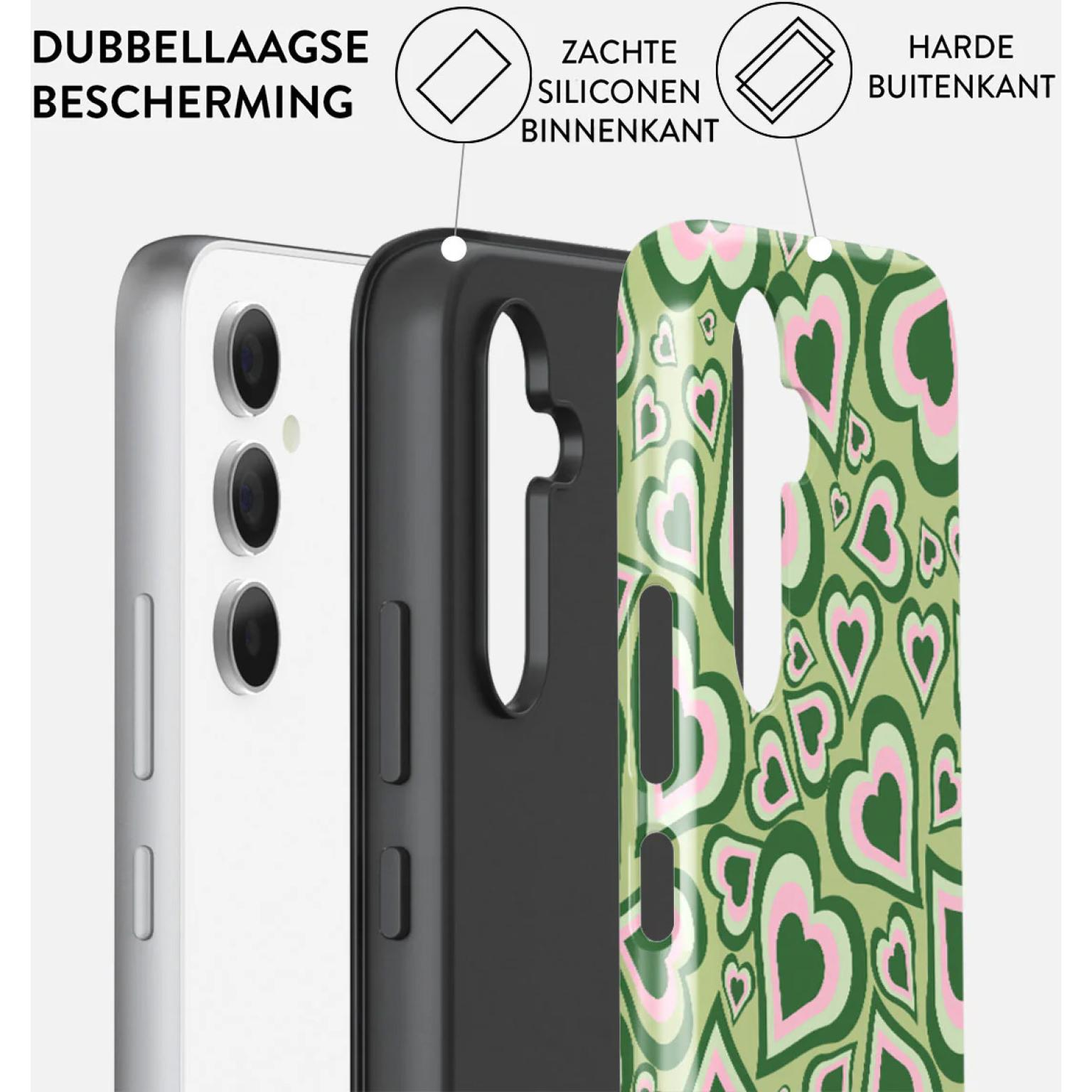 Telefoonhoes lagen: telefoon, zwart, groene hartprint, diagrammen. Tekst: dubbele laag bescherming, zachte siliconen binnenkant, harde buitenkant.