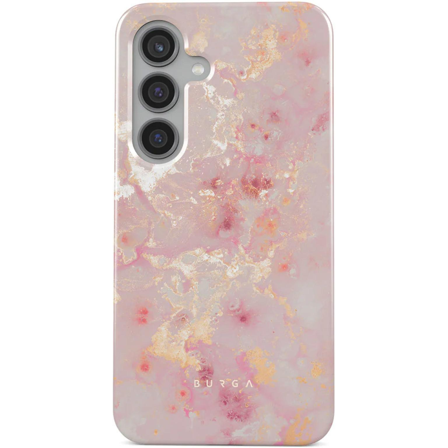 Roze marmeren telefoonhoesje. Lichtroze en gouden marmerpatroon. Drie cameralenzen bovenaan.