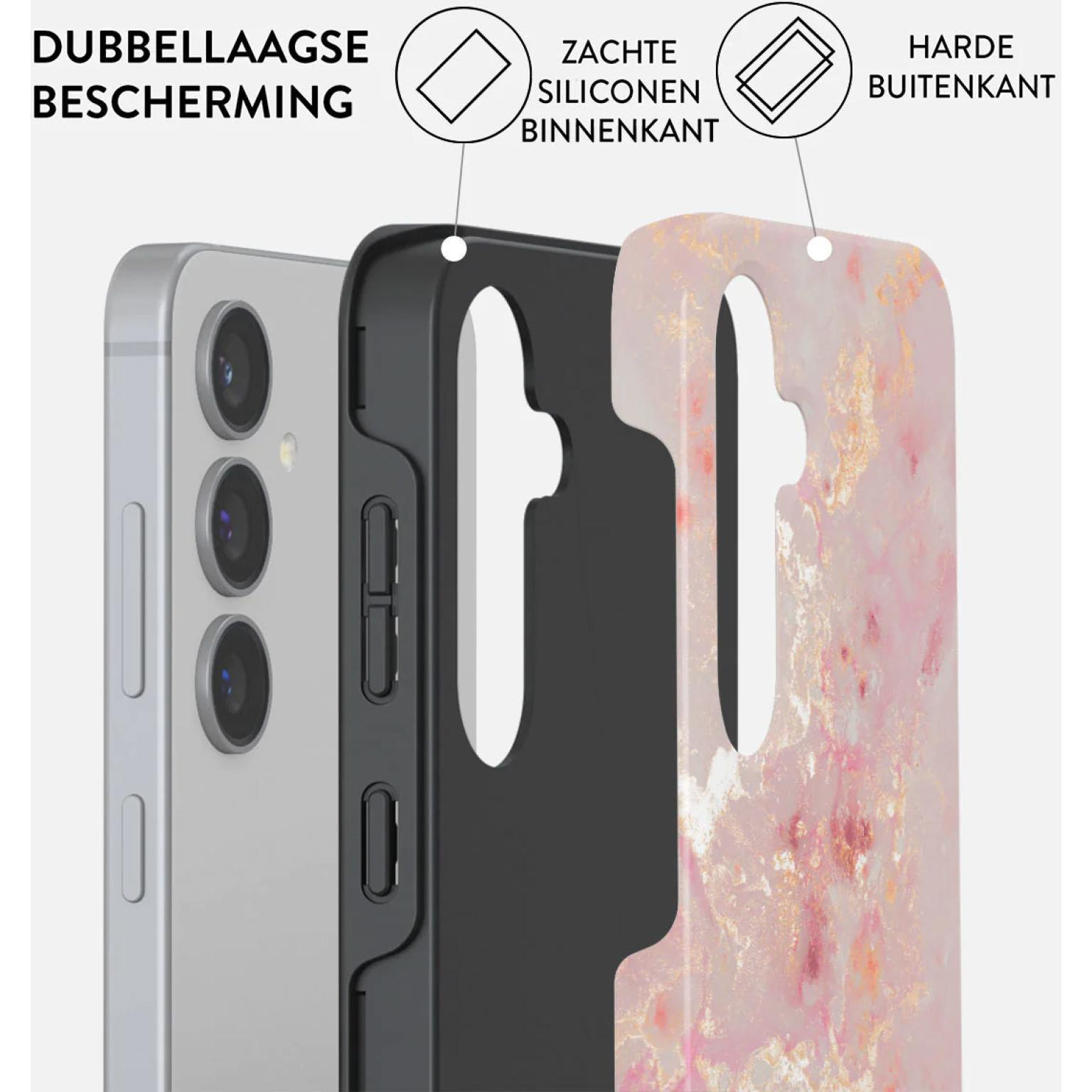 Telefoonhoeslagen: telefoon, zwart frame, roze marmerpatroon. Tekstlabels aanwezig.