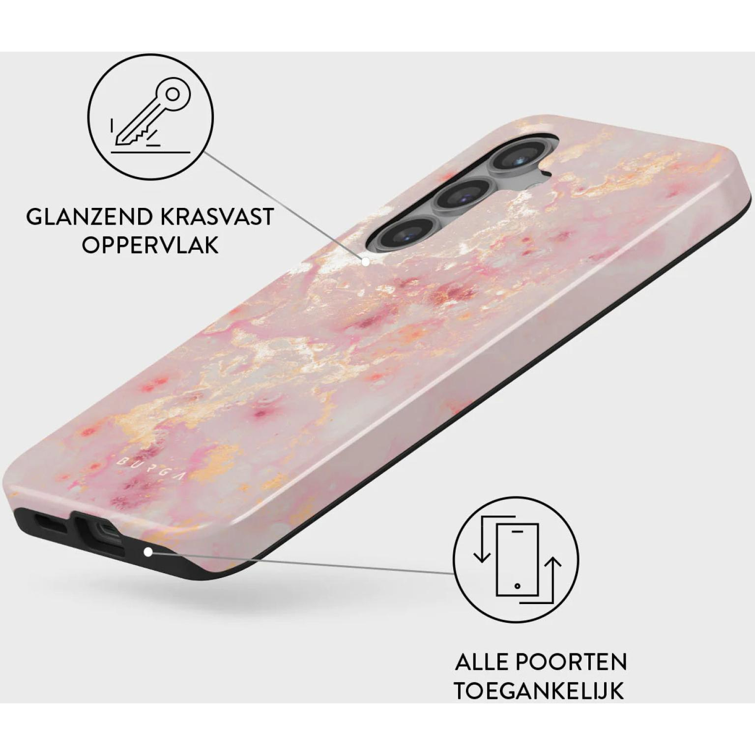 Roze marmeren telefoonhoesje. Tekst: Glanzend Krasvast Oppervlak. Alle Poorten Toegankelijk.