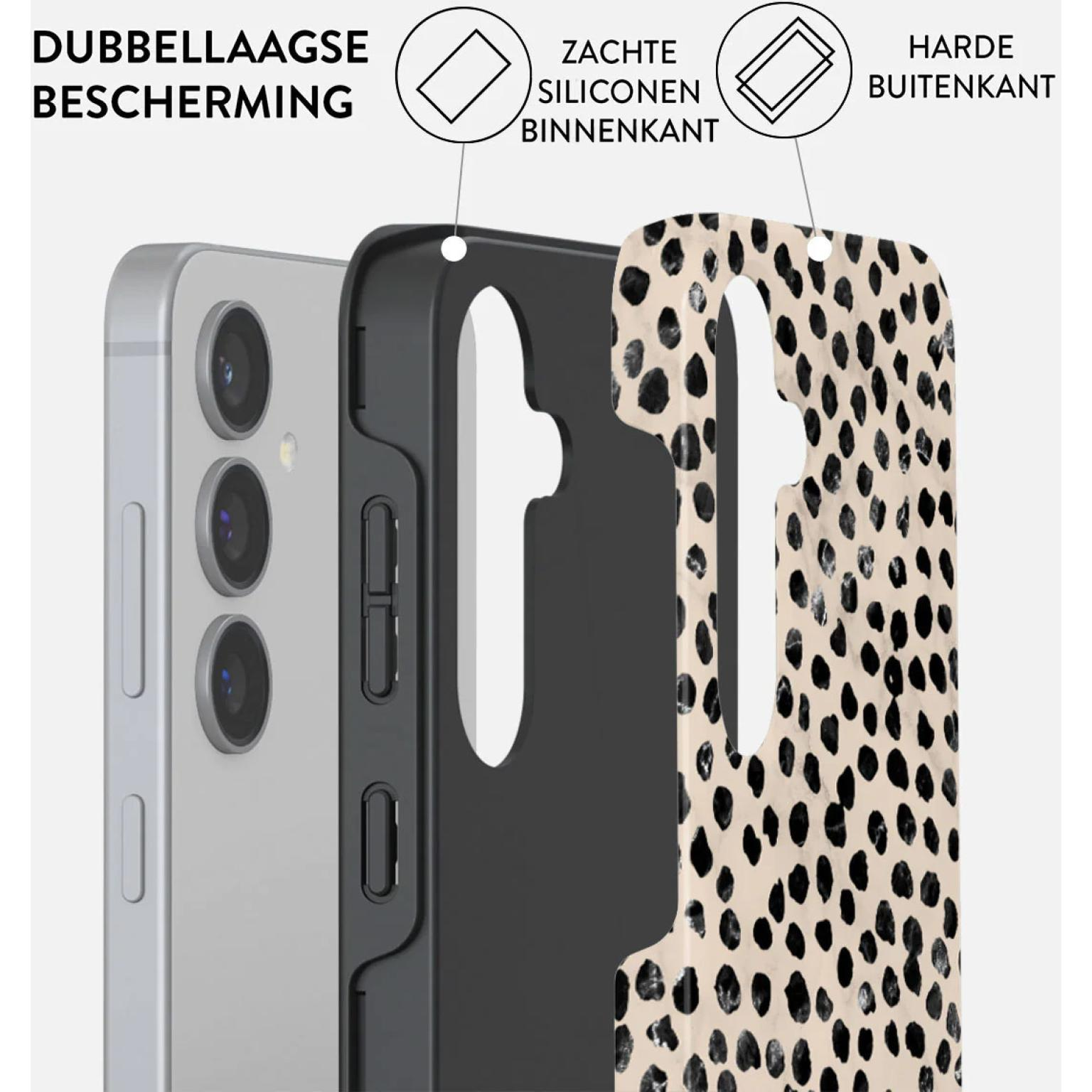 Coque de téléphone avec motif noir et blanc. Intérieur noir et coque extérieure dure. Le téléphone est à gauche.
