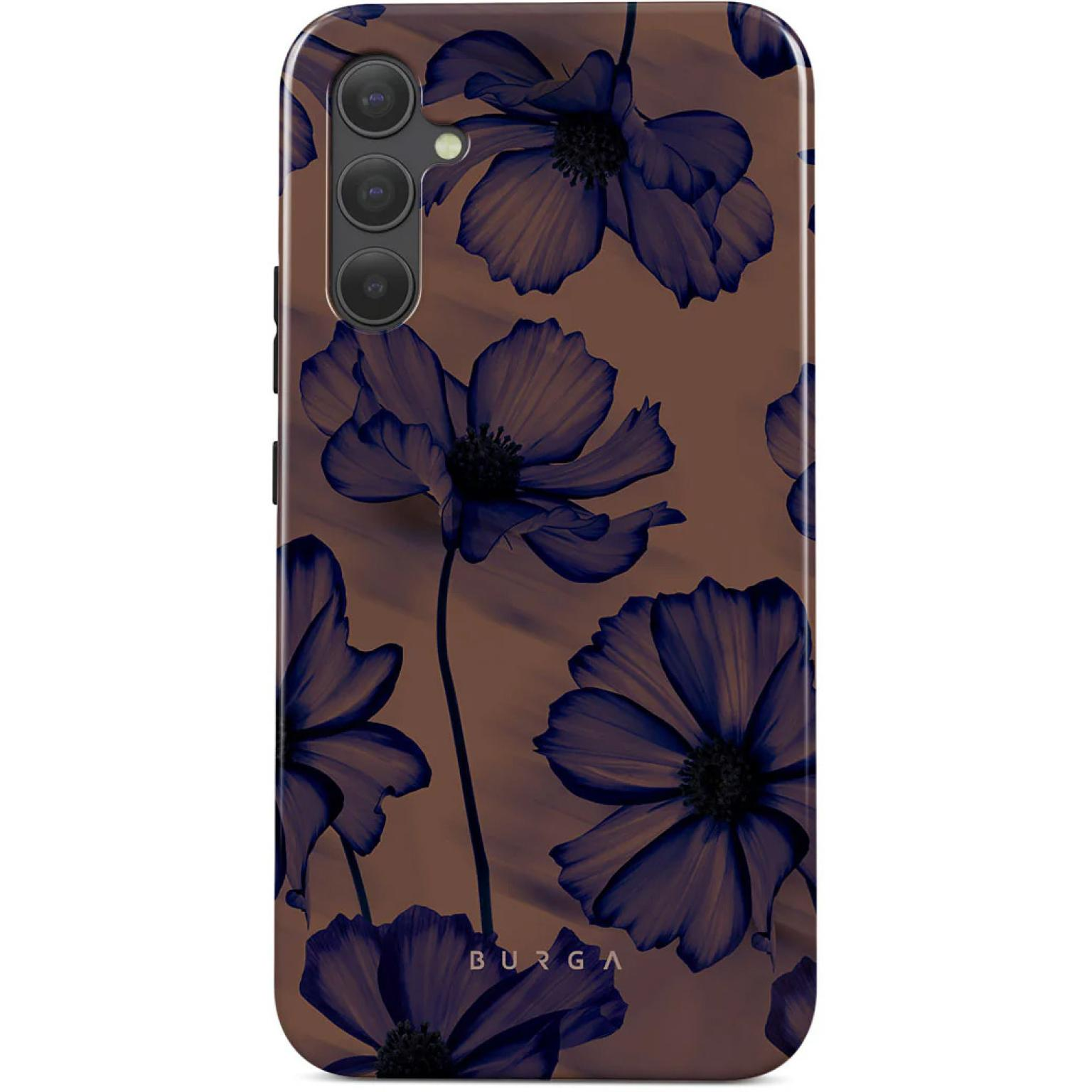 Telefoonhoesje met een donkerbruin bloemenontwerp. Donkerblauwe bloemen op een bruine achtergrond.