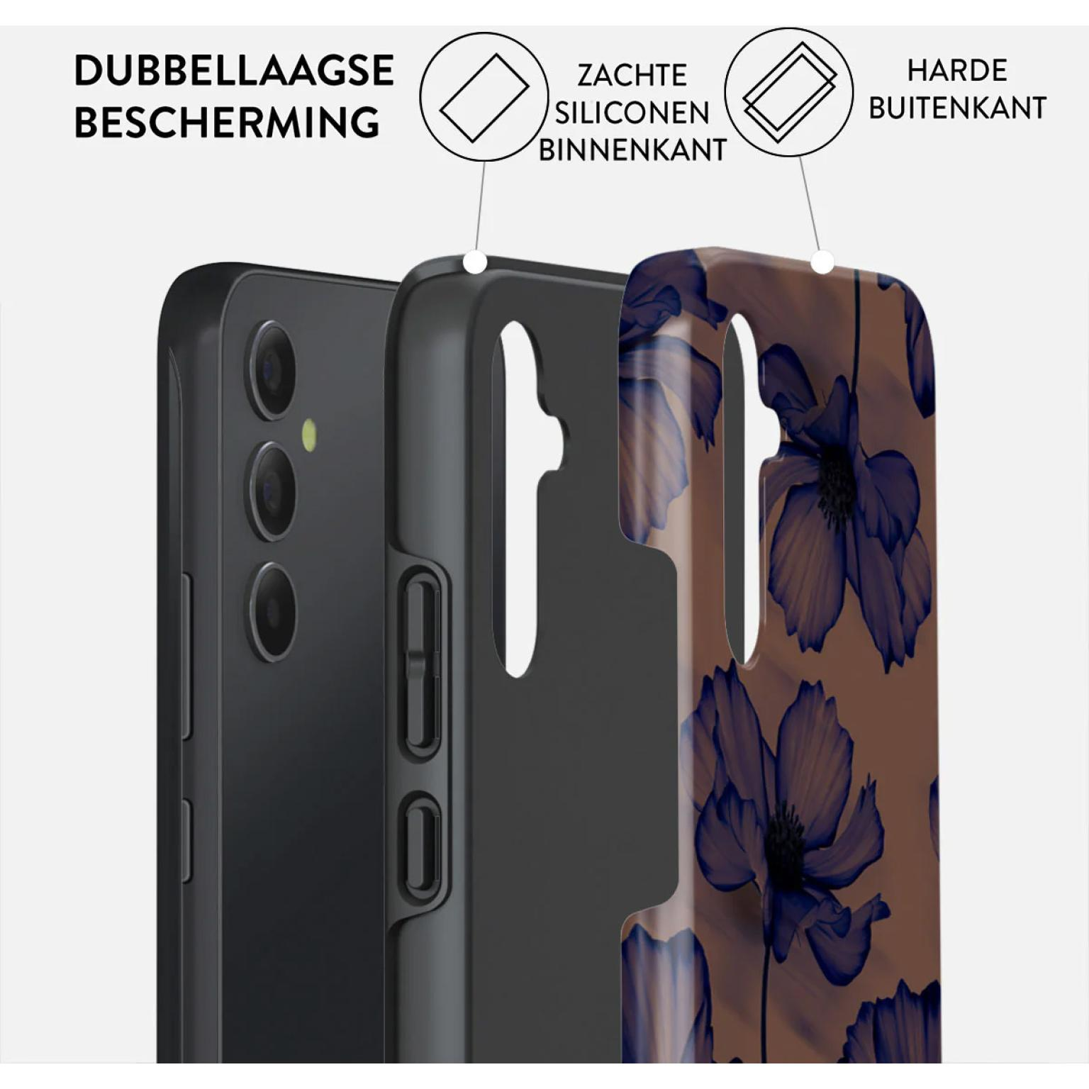 Telefoonhoeslagen: telefoon, zwart frame en bloemenprint met blauwe bloemen op bruin.